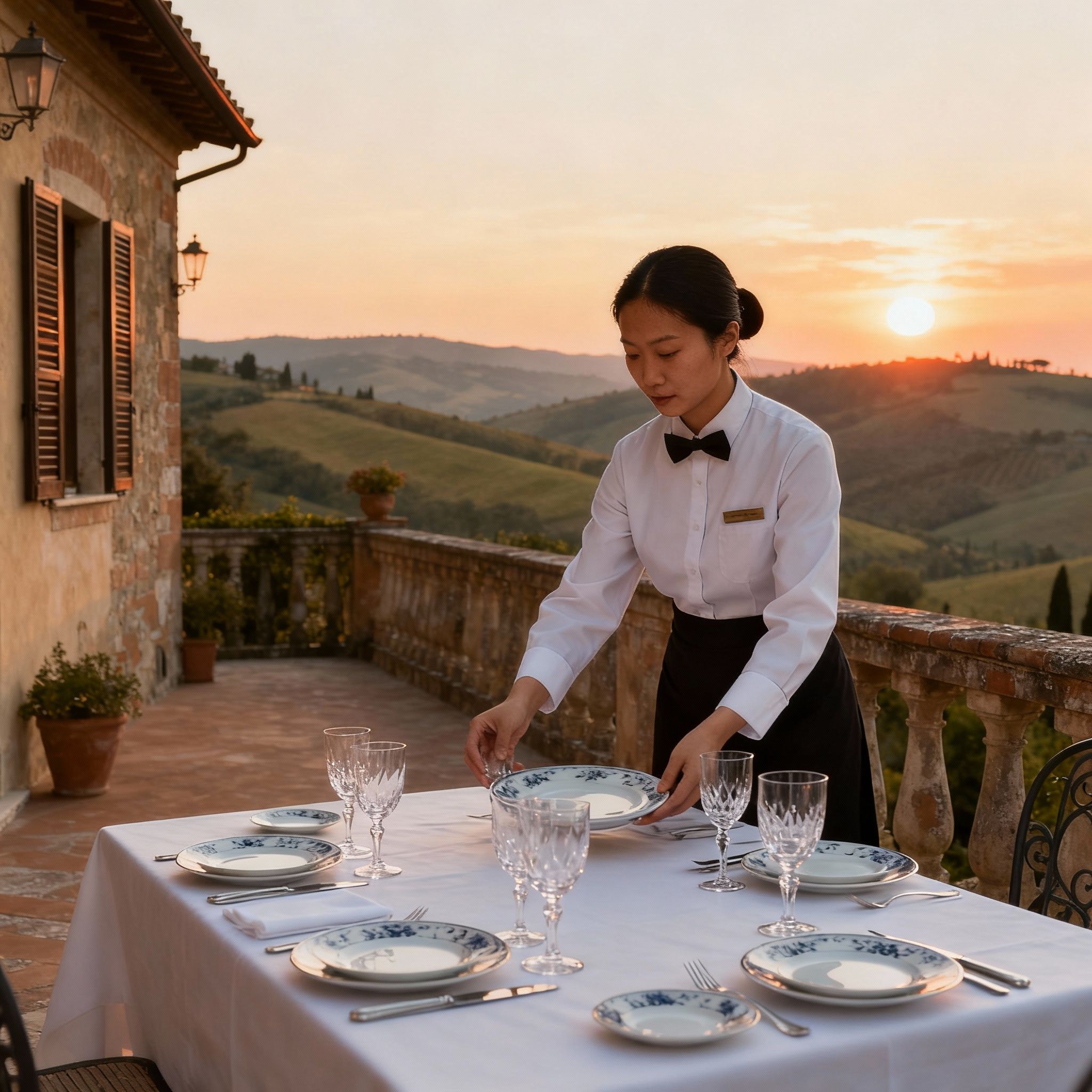 Migliore agenzia colf Lajatico: preparazione di una cena elegante sulla terrazza di una villa toscana.