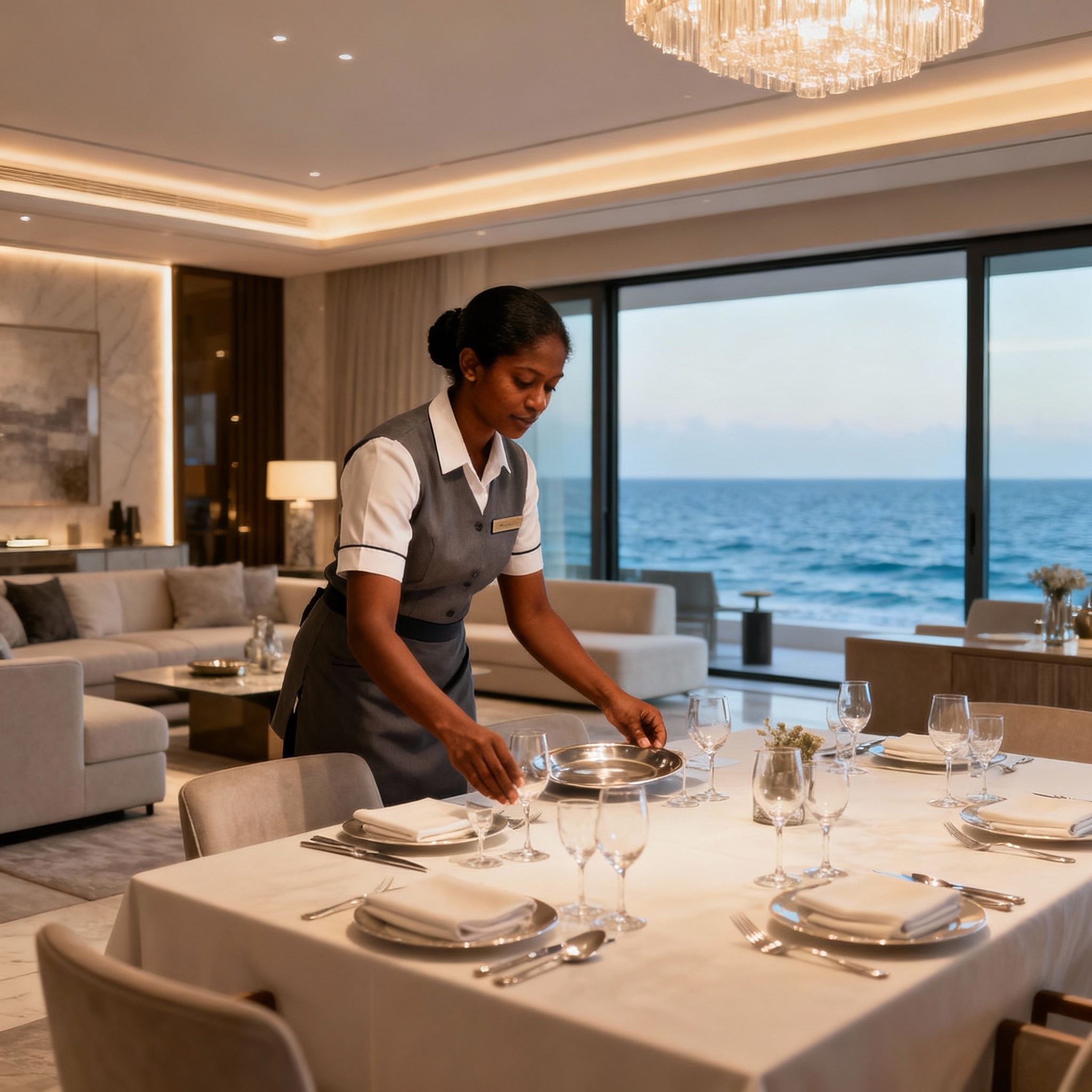 Migliore agenzia colf Rimini: governante srilankese che prepara una tavola elegante in una sala da pranzo di design.