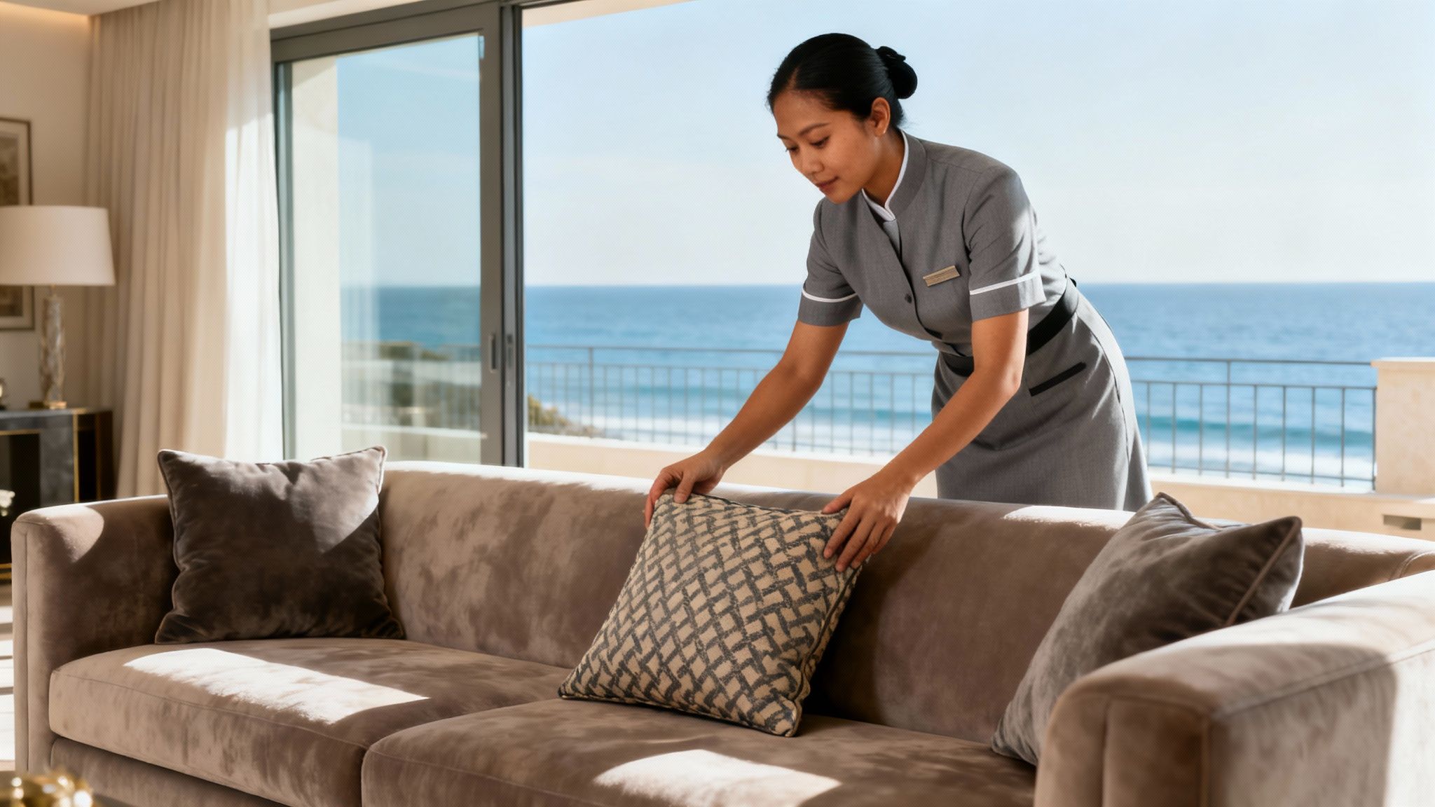 Migliore agenzia colf Rimini: domestica filippina in uniforme in un salone di lusso con vista mare, servizio impeccabile.