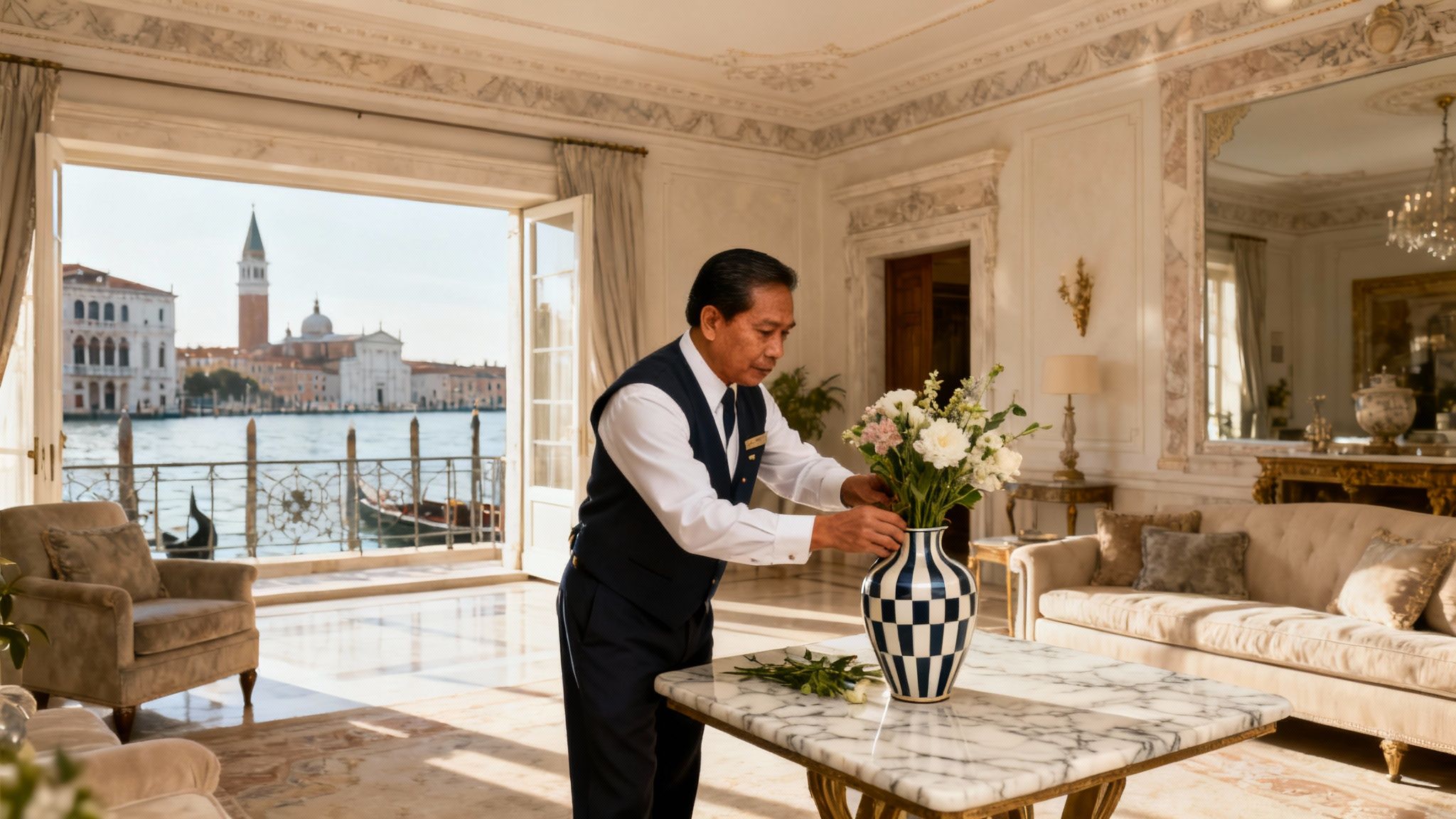 Migliore agenzia colf Venezia: domestico filippino esperto in un lussuoso salone di un palazzo con vista sul canale.