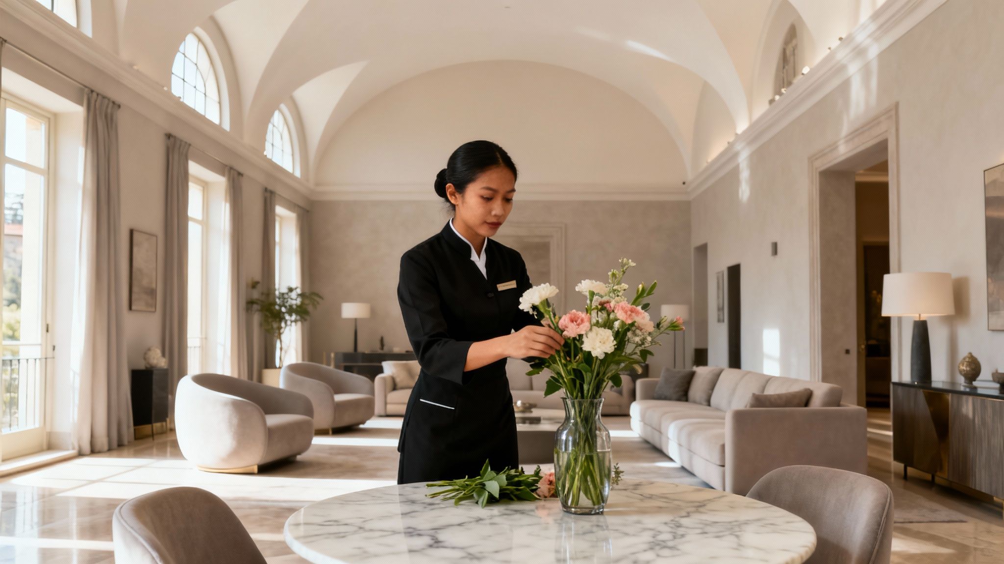 Migliore agenzia domestici Bologna: domestico filippino referenziato in un salone di lusso. Servizio impeccabile per la casa.