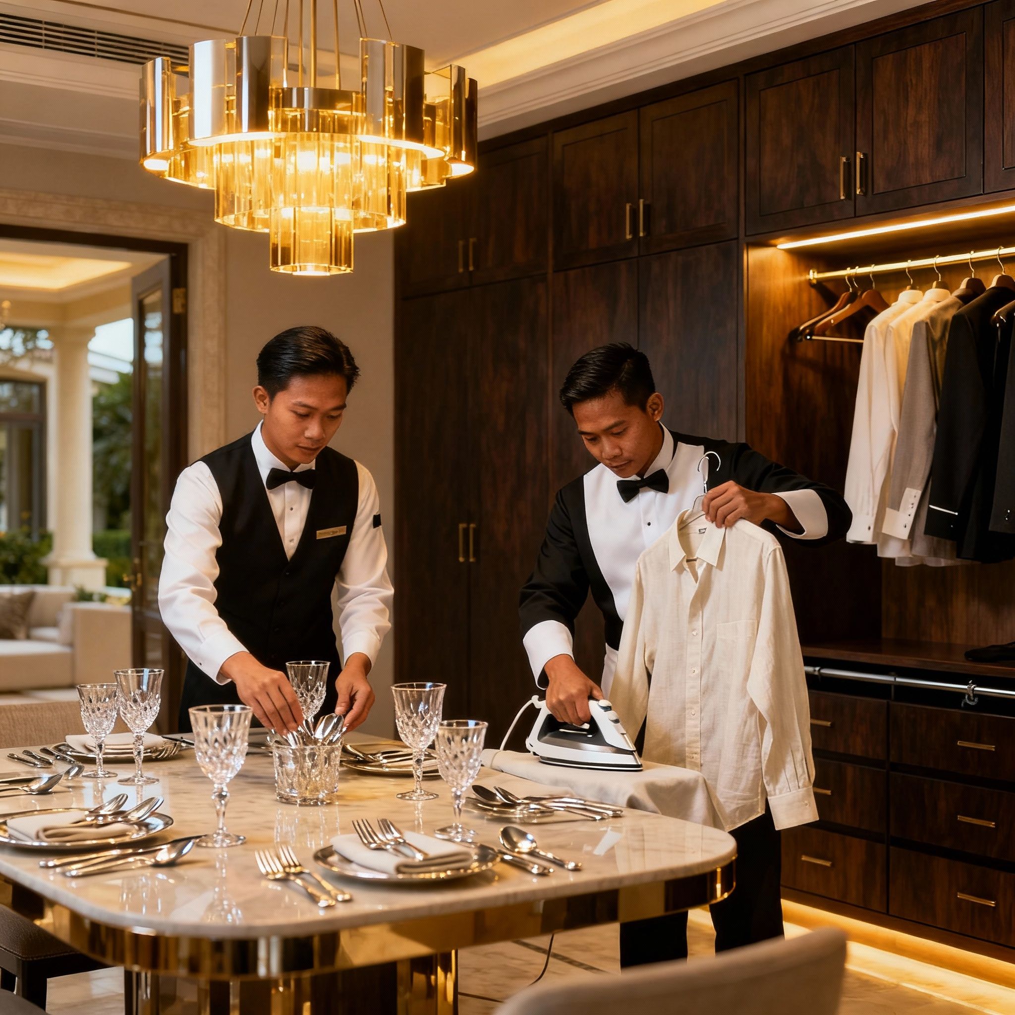Migliore agenzia domestici Padova: staff domestico asiatico prepara una tavola per una cena esclusiva. Servizio di alta classe.