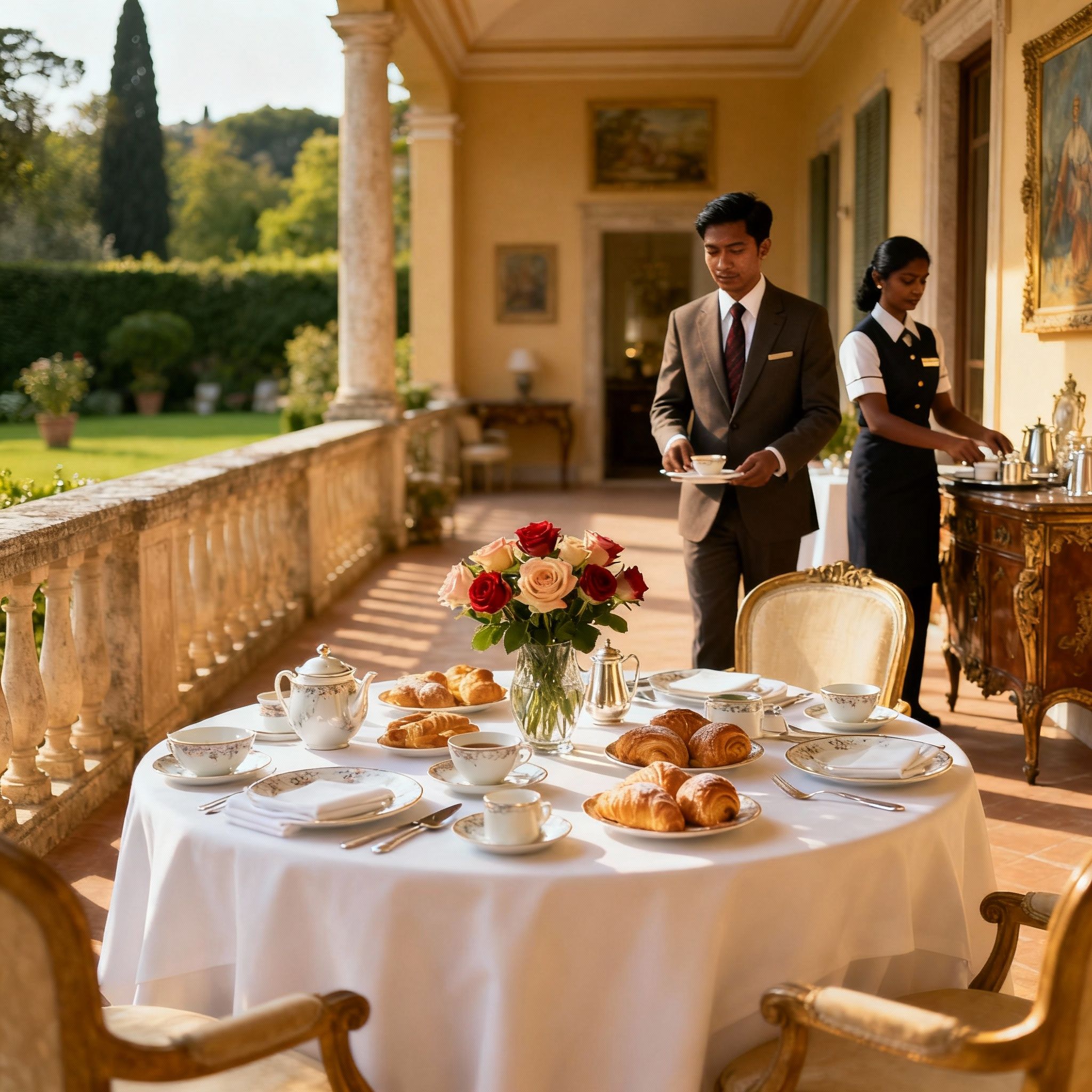 Coppia domestici Sri Lanka per villa storica in un patio di lusso con servizio impeccabile.