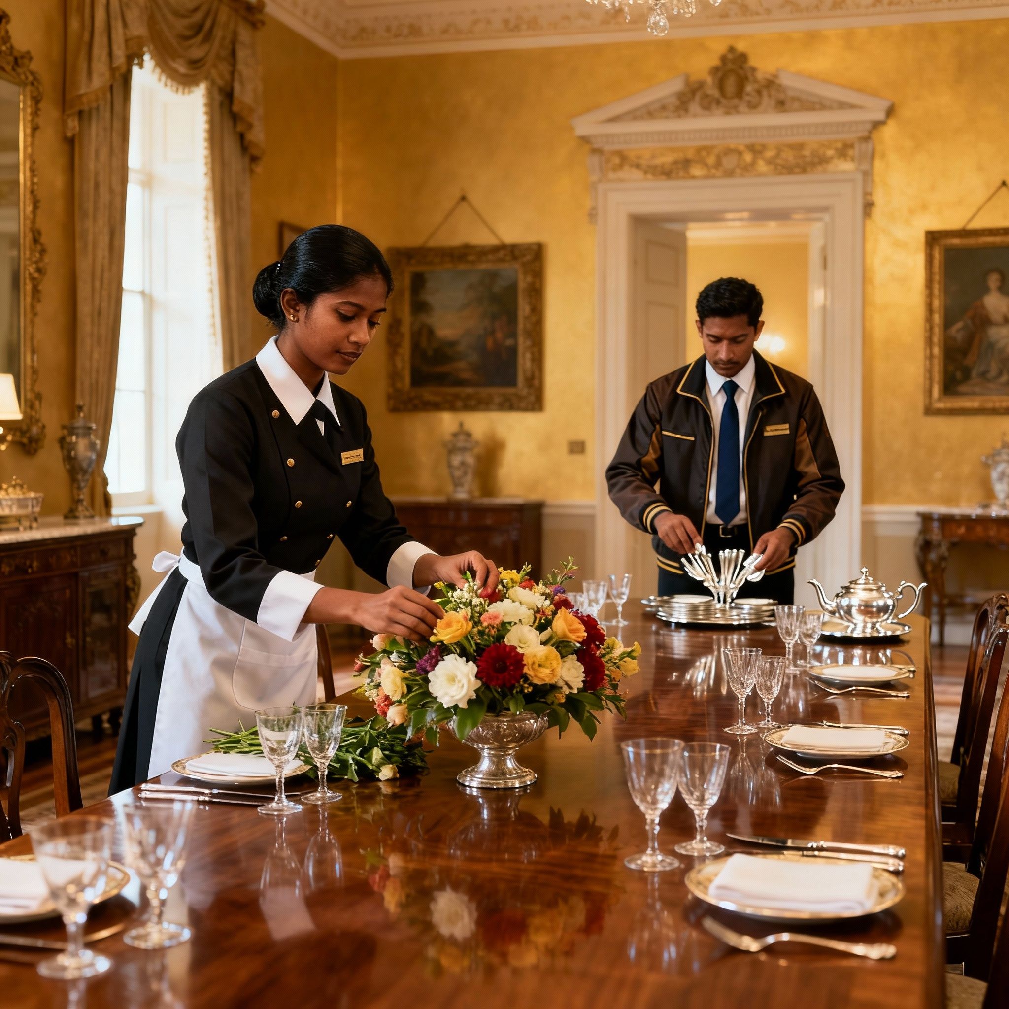 Coppia domestici Sri Lanka per villa storica prepara con cura la sala da pranzo.