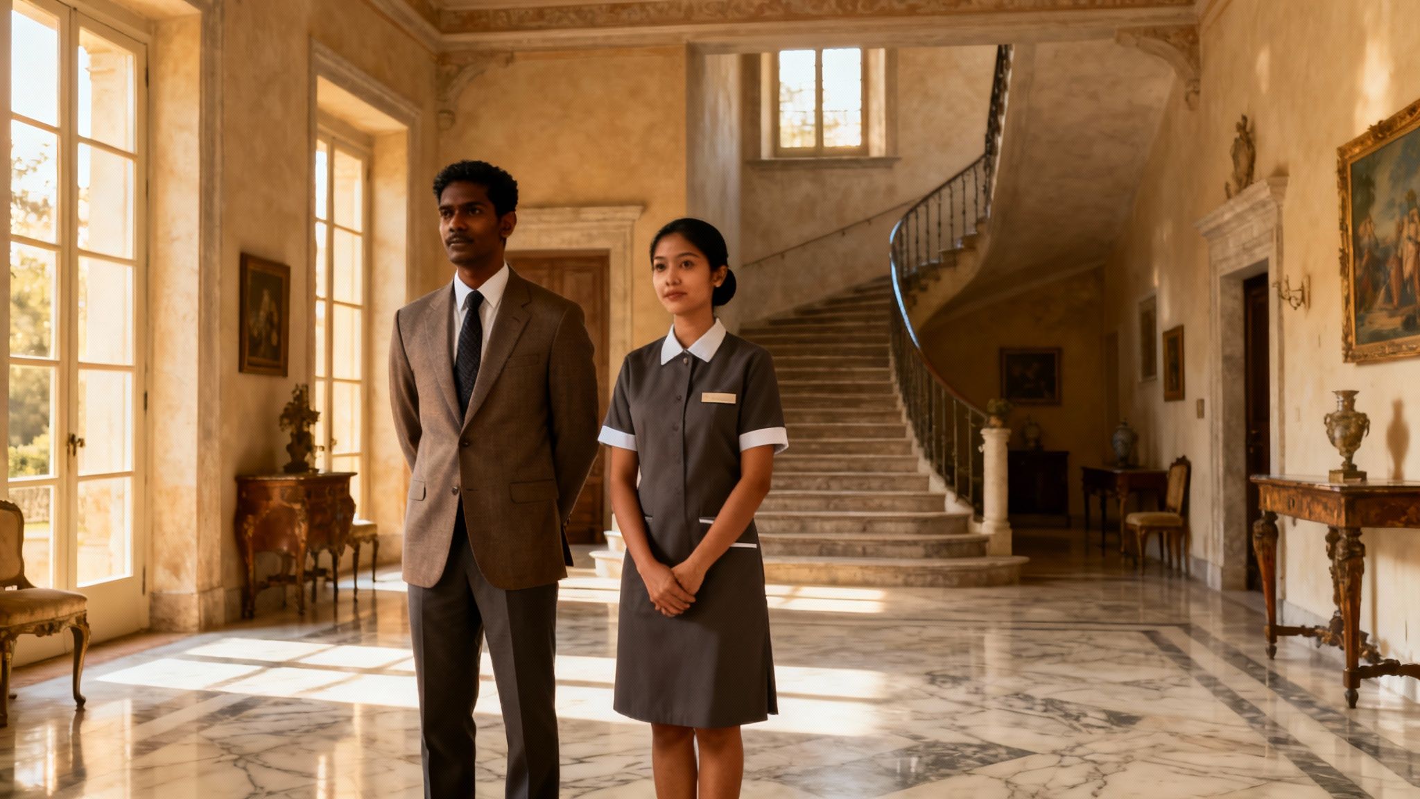 Coppia domestici Sri Lanka per villa storica in un elegante salone di lusso.