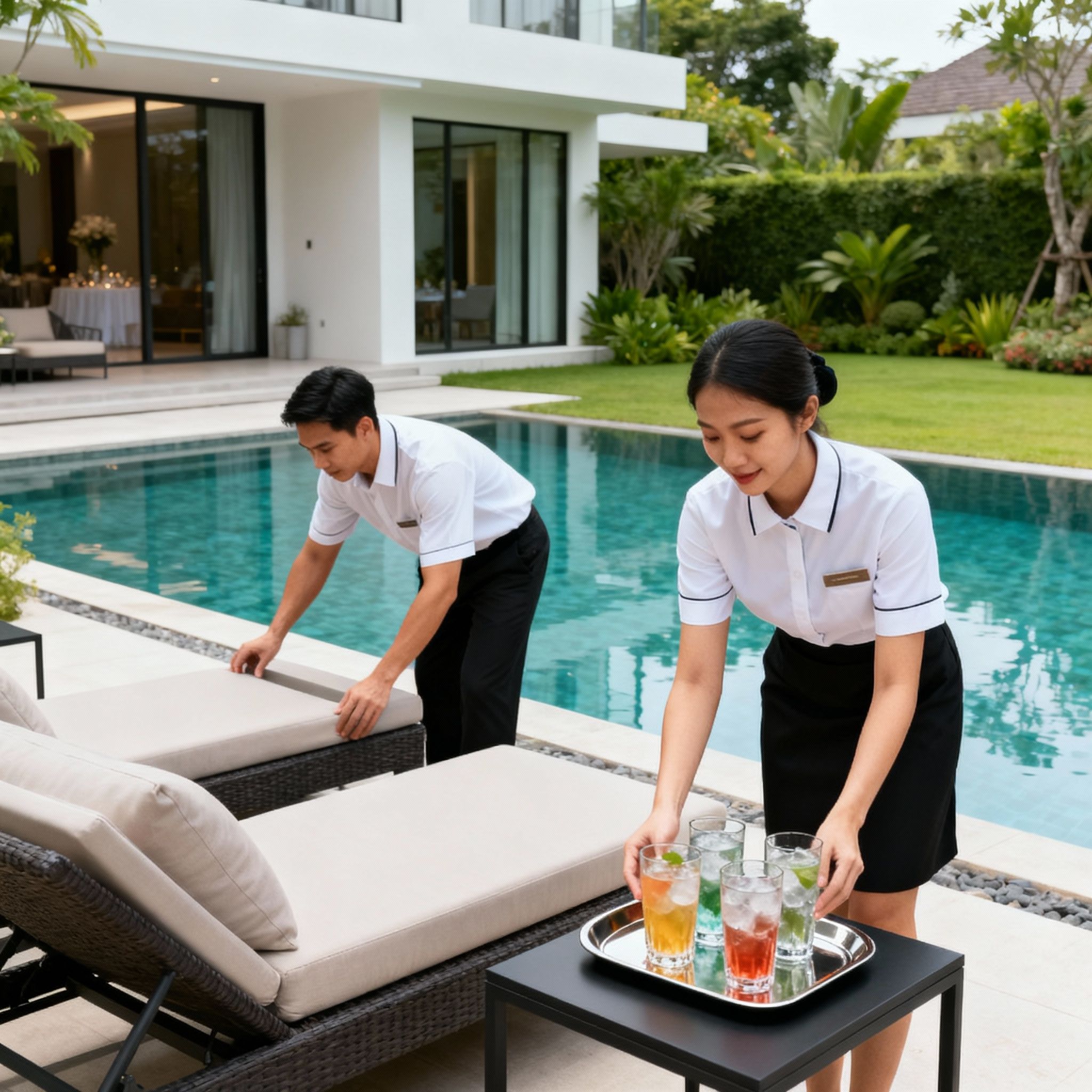 Servizio lifestyle da una coppia domestici alto livello asiatica che prepara un'area piscina in una villa di lusso.