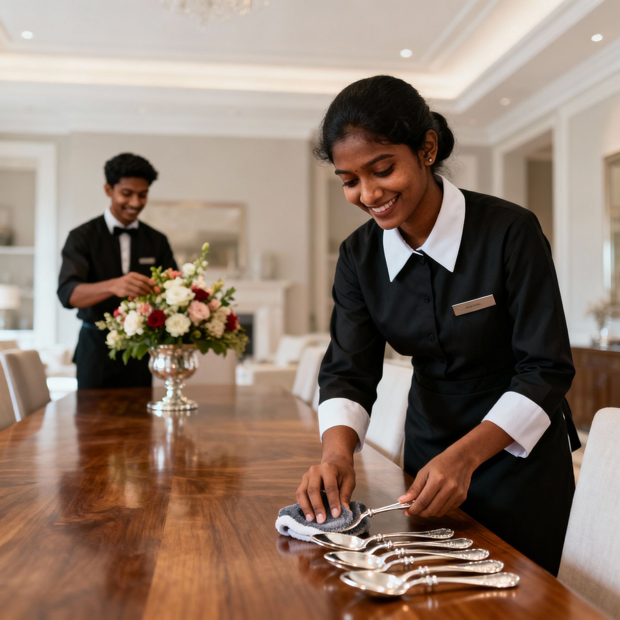Coppia domestici per casa vacanze che allestisce una tavola da pranzo di lusso. Servizio attento e di alta classe per proprietà esclusive.