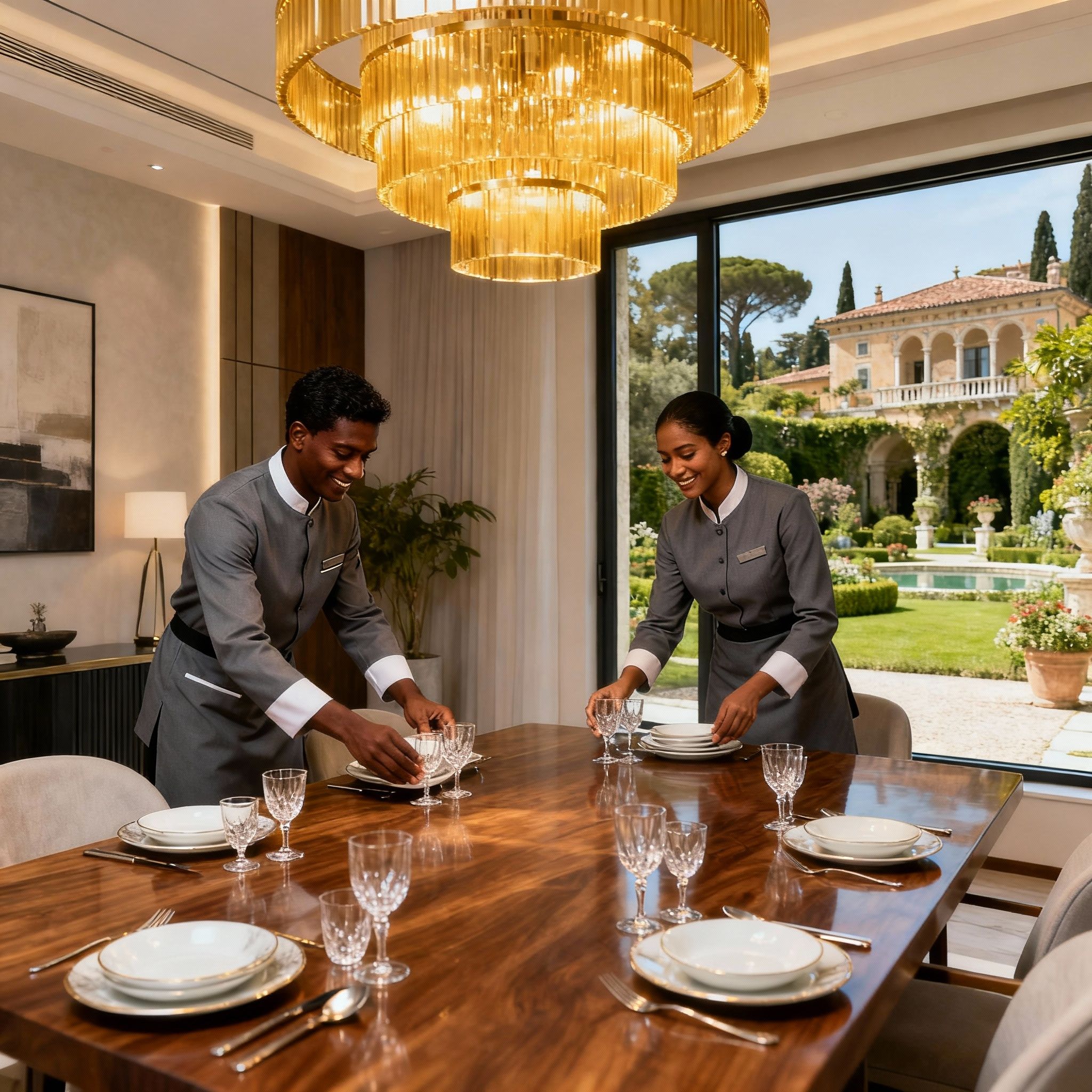 Coppia domestici per case di pregio al lavoro in sala da pranzo. Gestione impeccabile per dimore esclusive e di lusso.