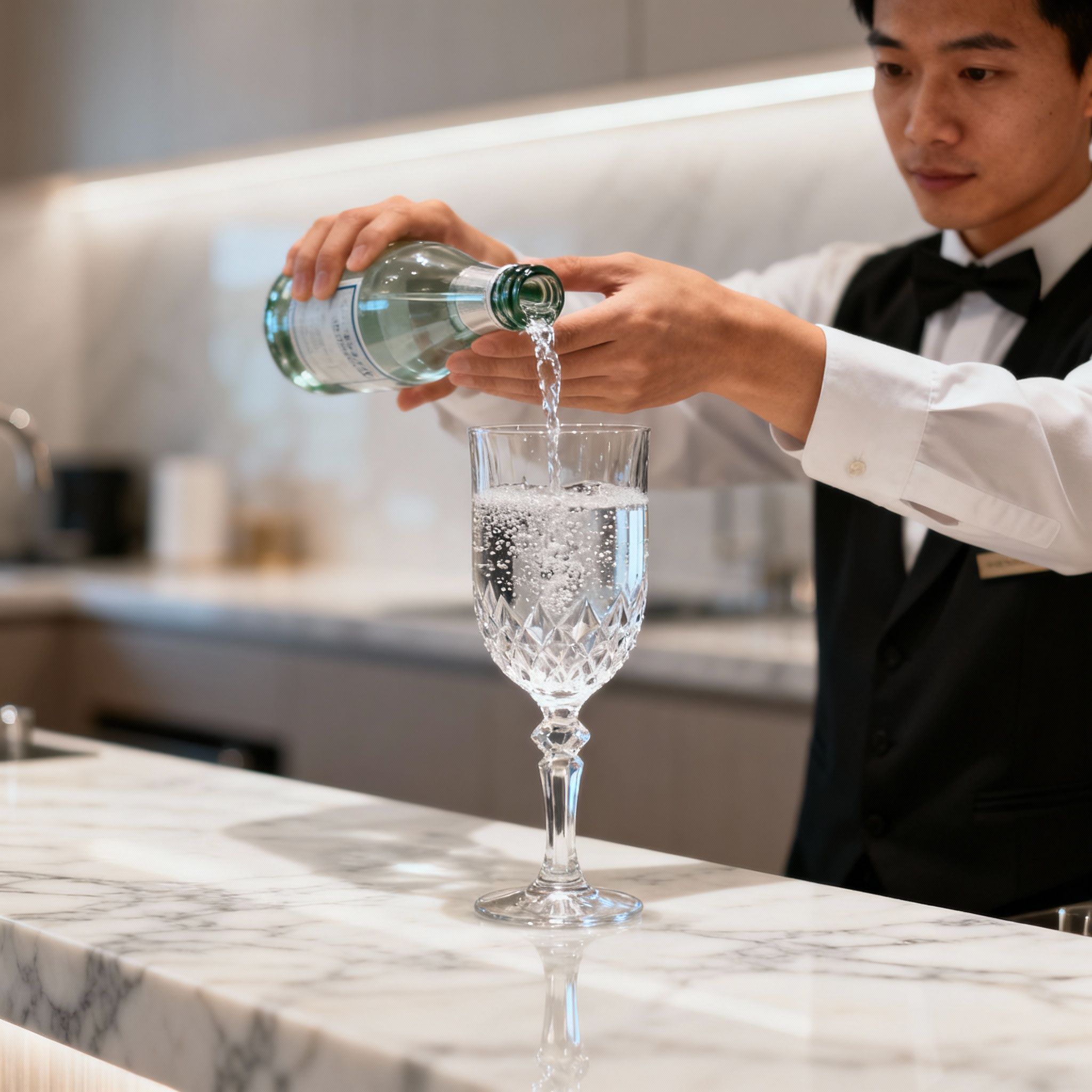 Dettaglio delle mani di una coppia domestici per villa privata che prepara una bevanda in un ambiente di lusso.