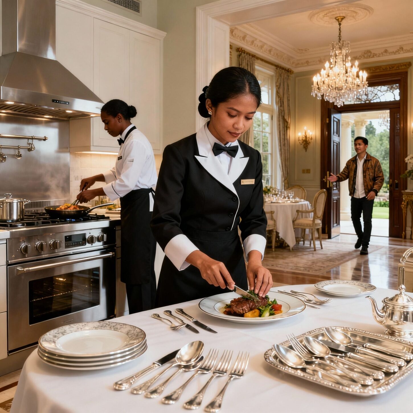 Agenzia colf filippine Biella - Professionale domestica srilankese prepara piatti gourmet in ambiente elegante