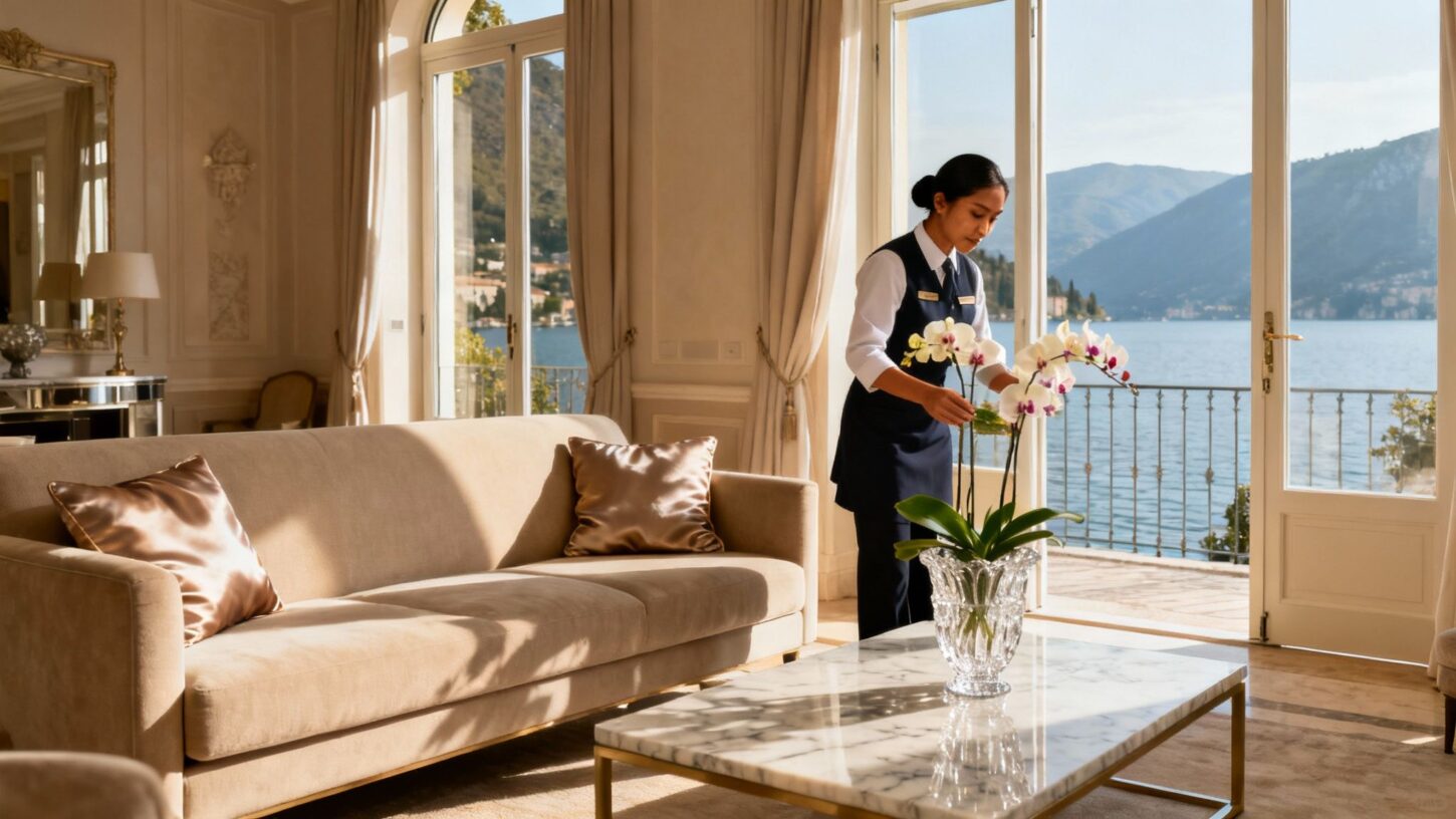 Agenzia colf filippine Garda - domestica filippina professionale in salotto luxury con vista lago