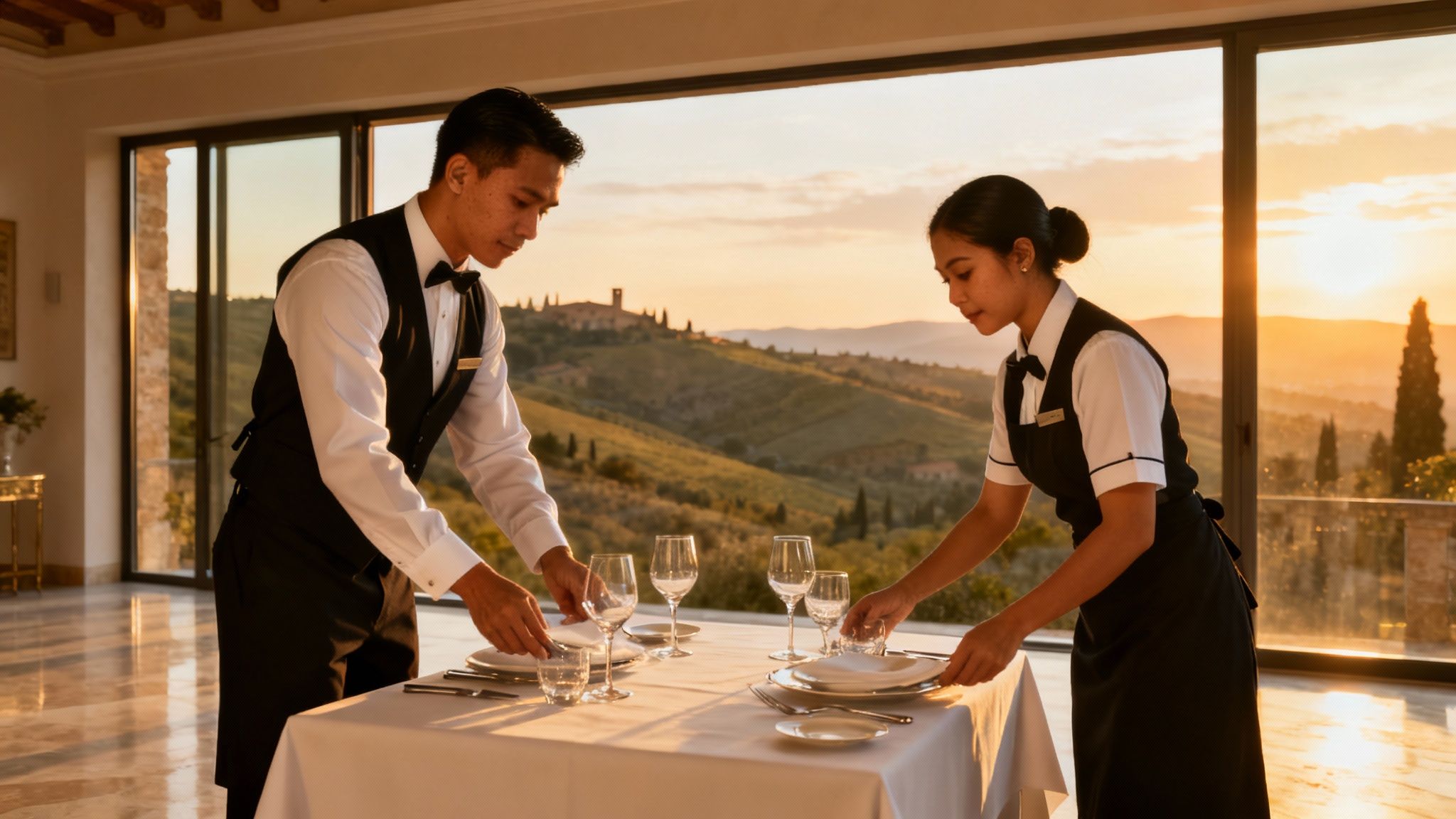 Agenzia colf filippine Siena: coppia di domestici in uniforme preparano un tavolo di lusso con vista sulle colline toscane.