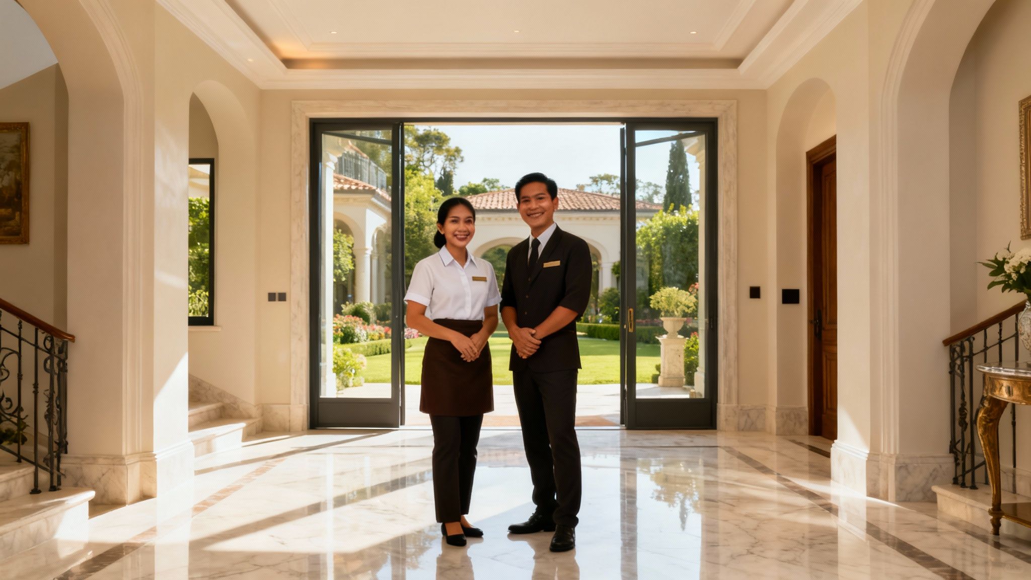 Agenzia colf filippine Terni - Coppia di domestici professionisti accolgono in una villa di lusso. Servizio impeccabile.
