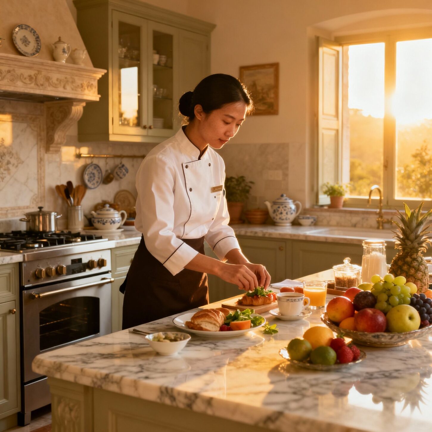 Agenzia domestici Forte dei Marmi - Domestico asiatico prepara colazione in cucina luxury