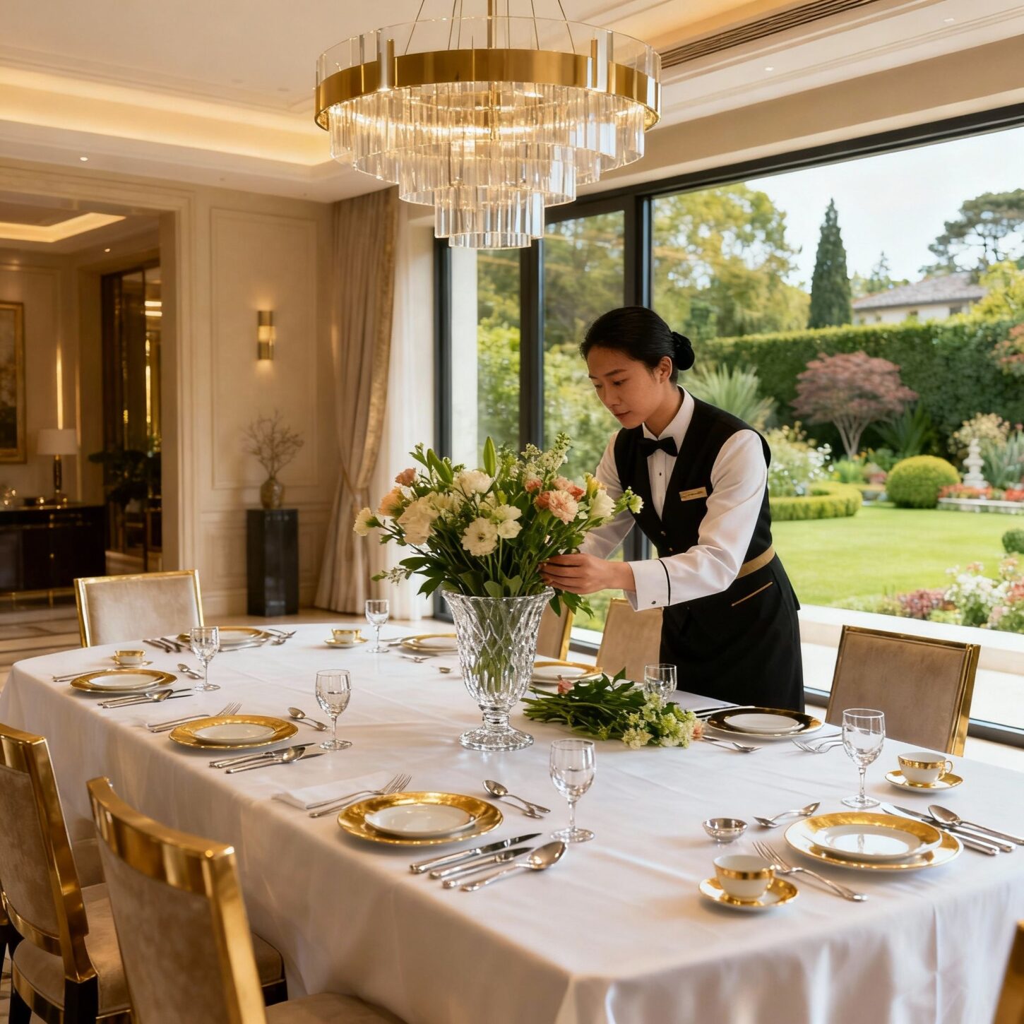 Agenzia domestici Gorizia - personale asiatico prepara ambiente luxury con fiori e porcellana pregiata