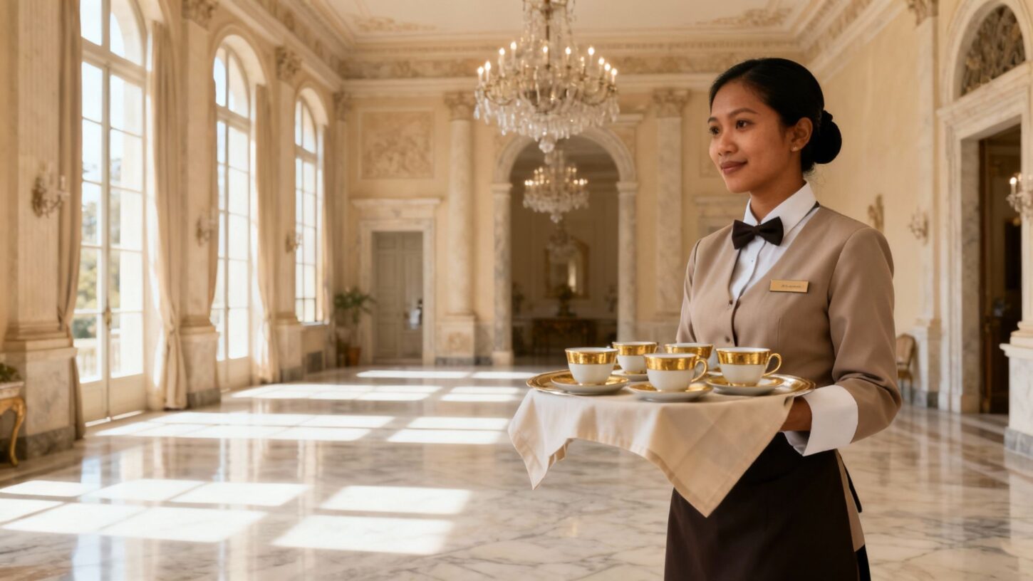 Agenzia domestici Gorizia - domestico asiatico in divisa elegante serve in villa lusso con porcellana fine e dettagli in oro