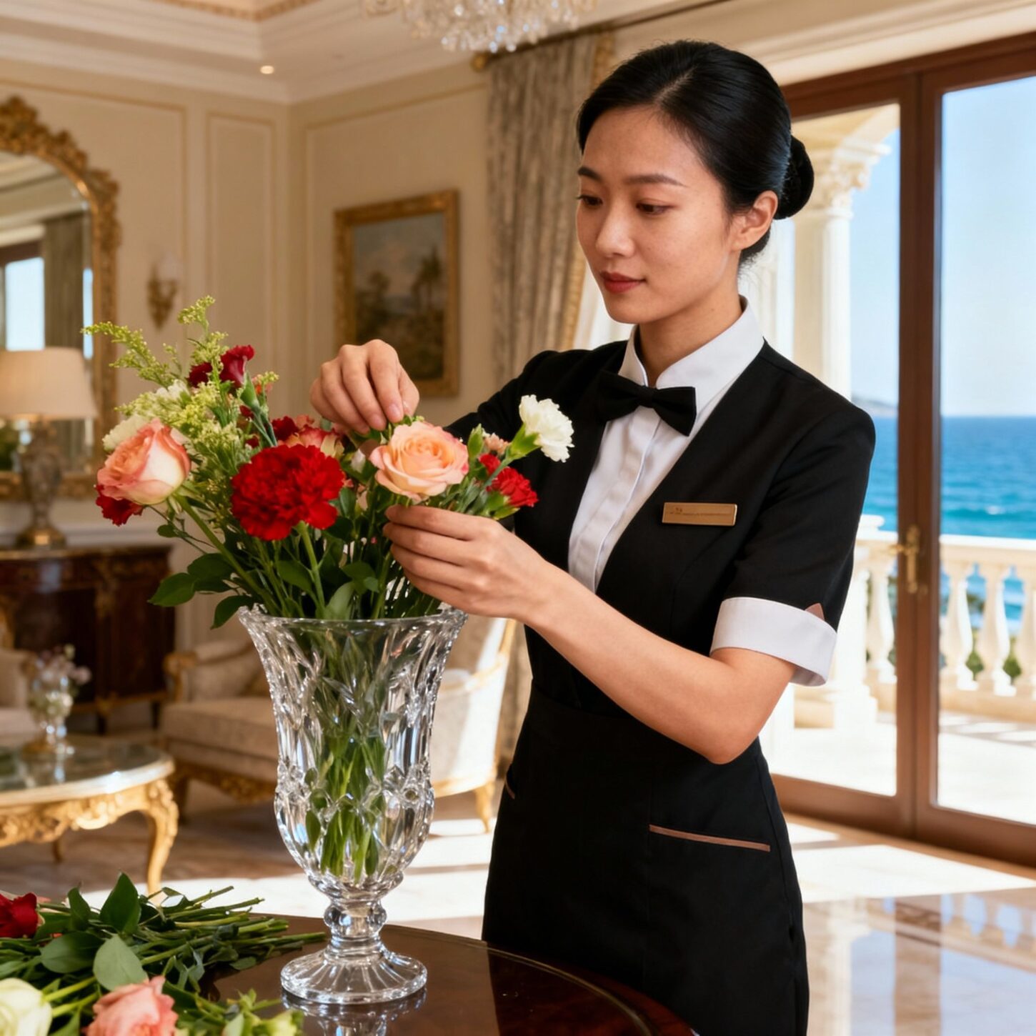 Agenzia domestici Pesaro - Dettaglio mani esperte domestiche asiatiche in servizio di lusso con fiori freschi