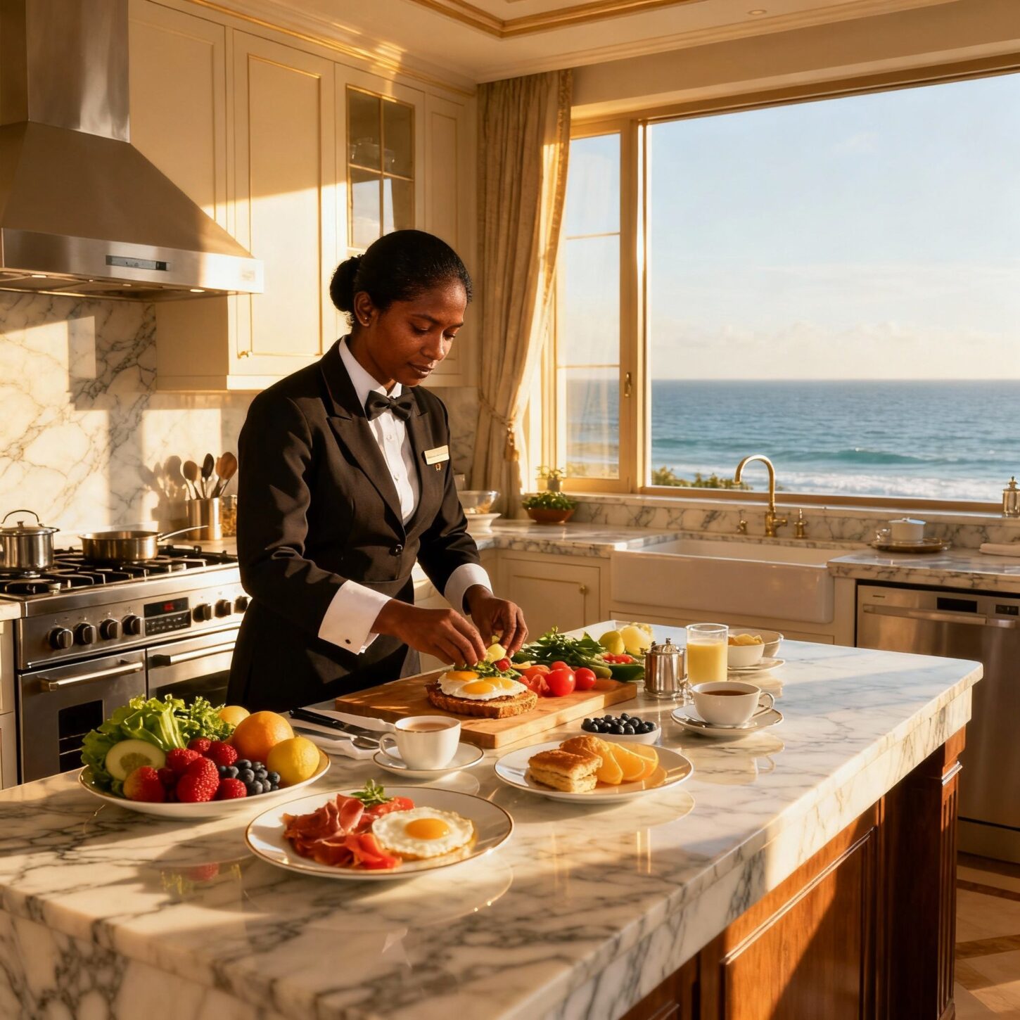 Agenzia domestici Pesaro - Chef domestico srilankese prepara colazione gourmet in cucina di lusso con vista mare