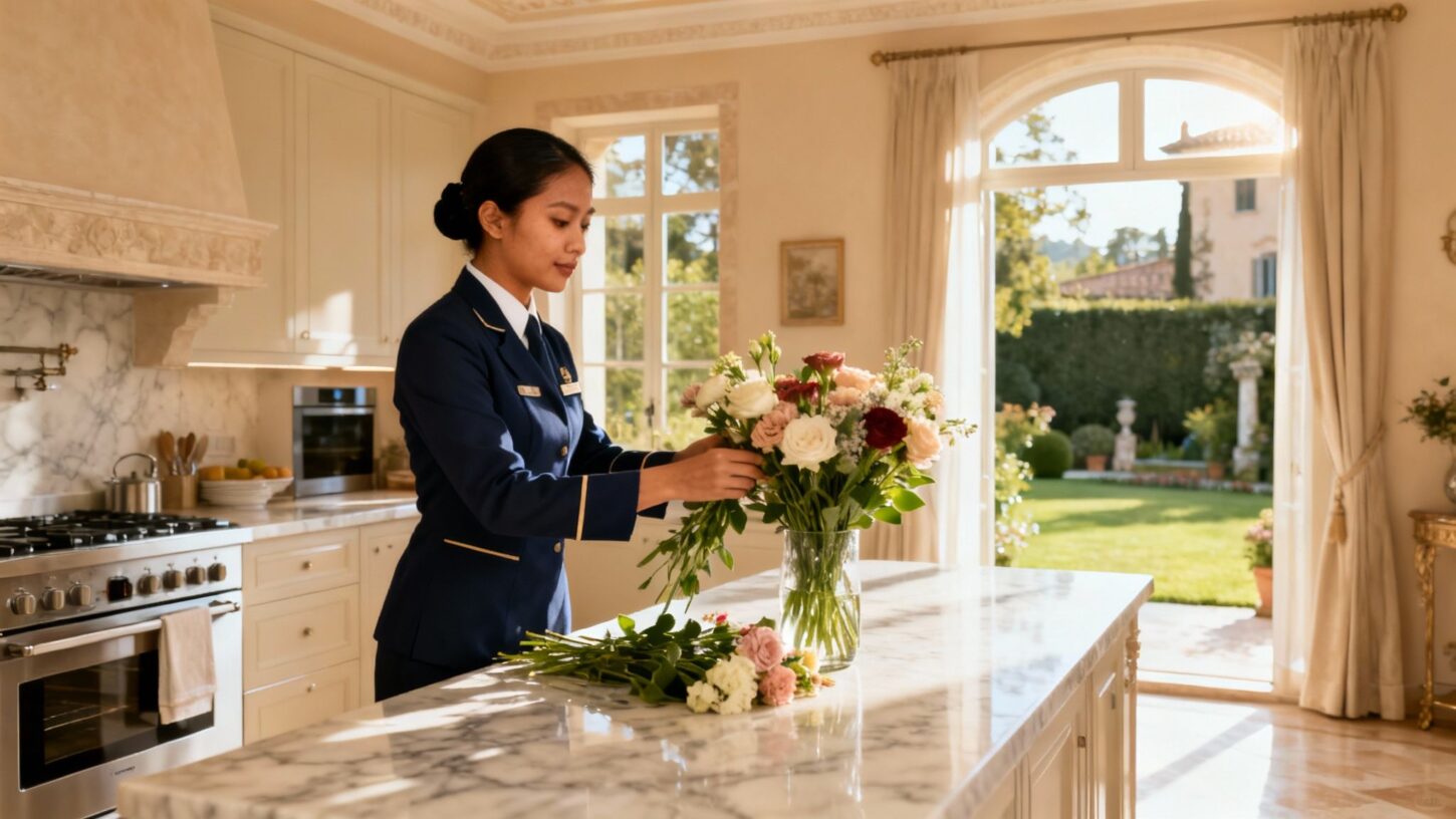 Agenzia domestici Terni - Domestica filippina uniforme elegante cucina luxury villa italiana