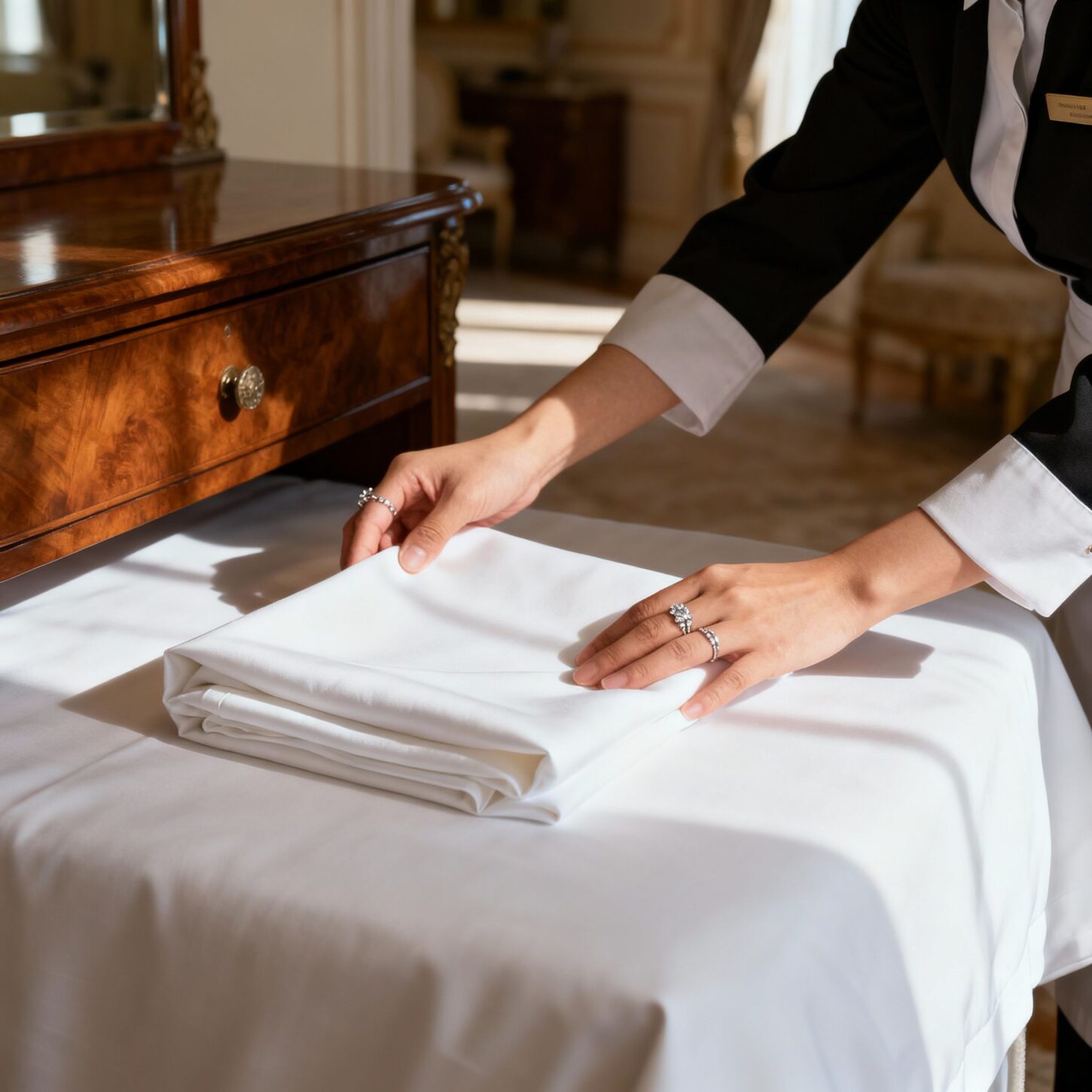 Agenzia per personale domestico Arezzo - dettaglio mani governante asiatica piega lenzuola di lusso con cura