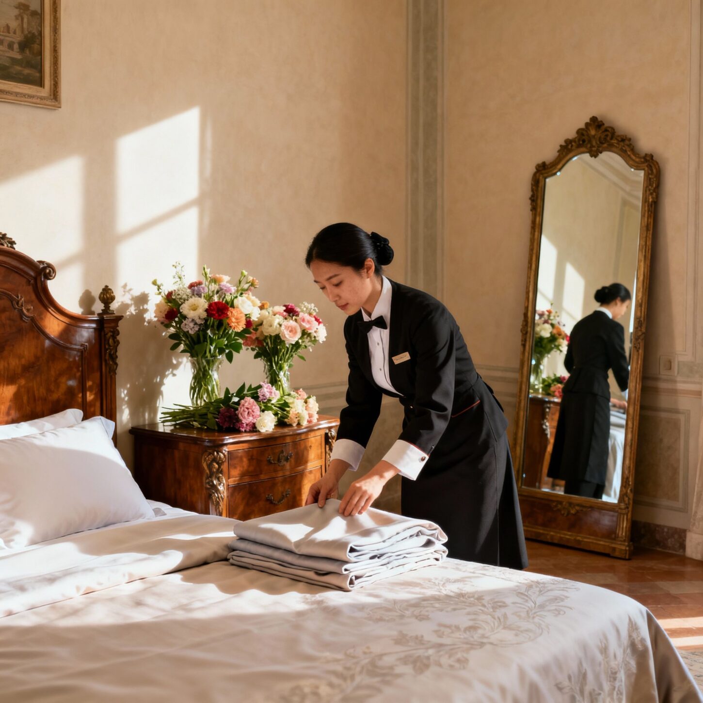 Agenzia per personale domestico Arezzo - personale asiatico prepara camera di lusso in residenza prestigiosa