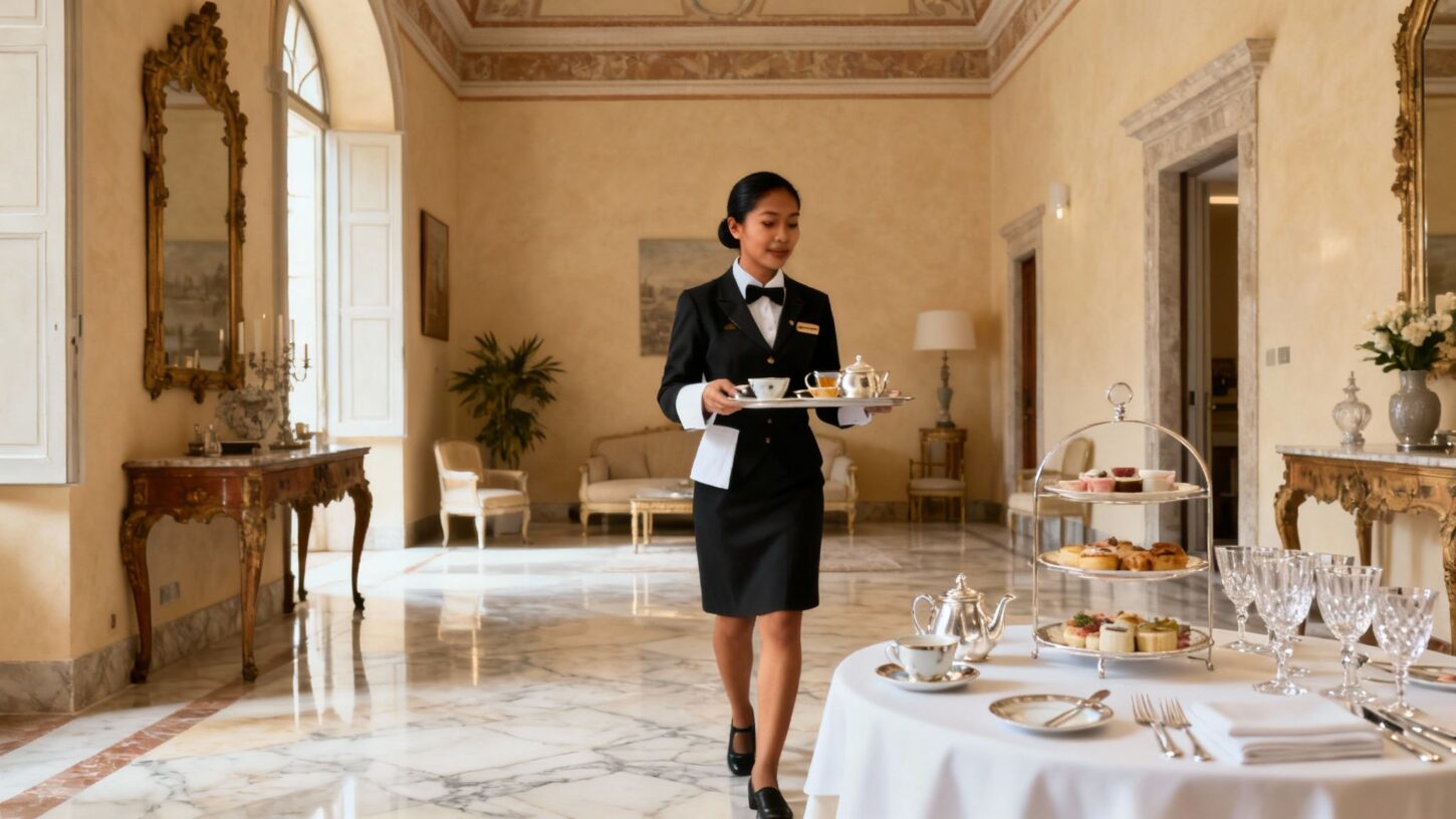 Agenzia per personale domestico Bologna - domestico asiatico in uniforme elegante che serve in villa signorile
