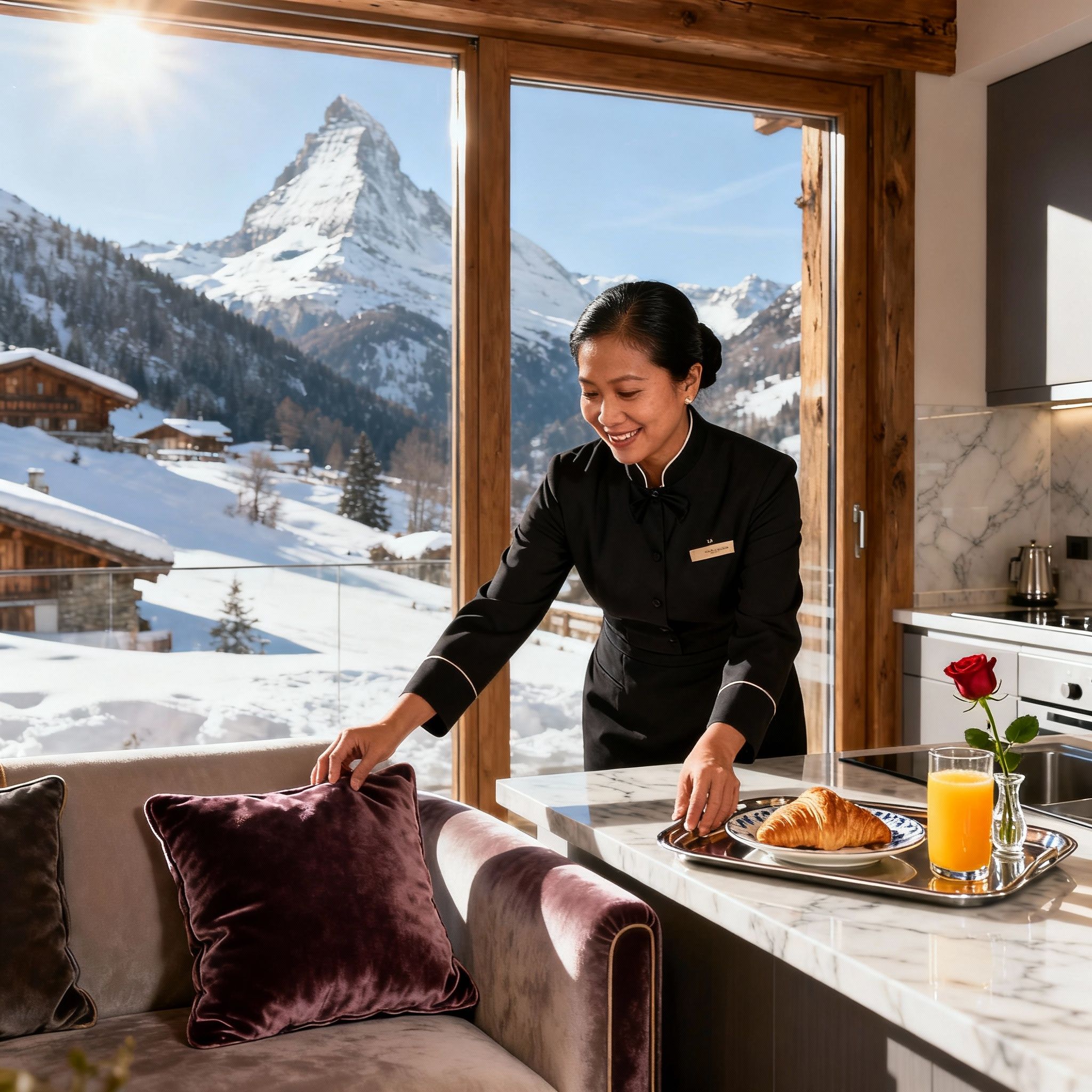 Agenzia per personale domestico Courmayeur: governante prepara una colazione di lusso in una cucina moderna e luminosa.