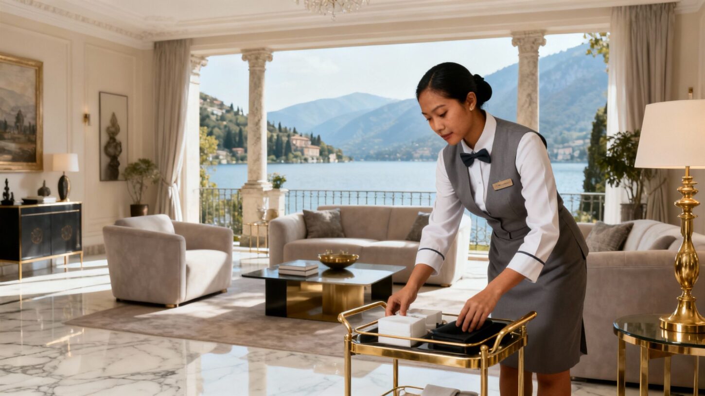 Agenzia per personale domestico Desenzano del Garda - Domestico filippino uniforme elegante villa luxury vista lago