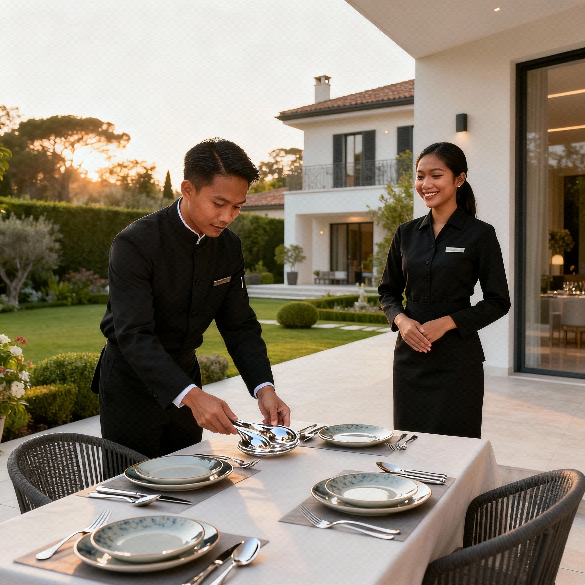 Agenzia per personale domestico Forlì: maggiordomo filippino prepara un'elegante tavola per un evento in una villa di lusso.
