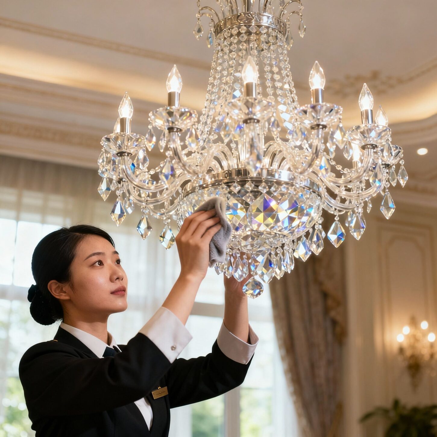 Agenzia per personale domestico Montegrotto Terme - Dettaglio pulizia professionale lucernario di cristallo da staff asiatico