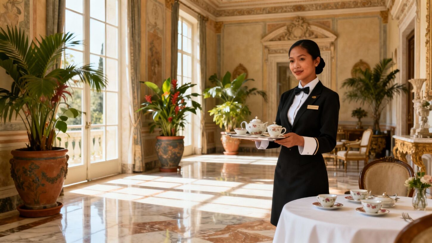 Agenzia per personale domestico Monza - domestico filippino in uniforme elegante serve il tè in villa lusso