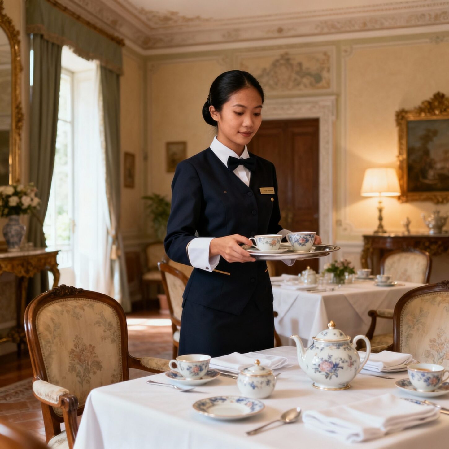 Agenzia per personale domestico Pavia - Personale asiatico che prepara camera luxury per ospiti esigenti