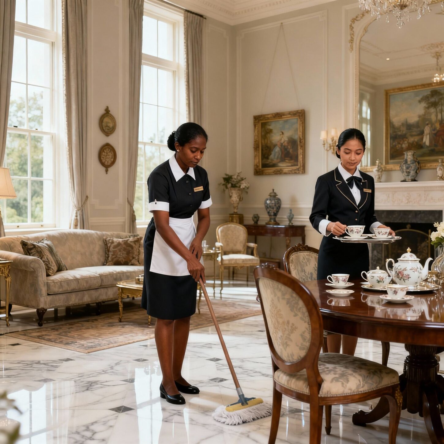 Agenzia per personale domestico Pavia - Governante Sri Lanka che cura salone signorile con eleganza discreta