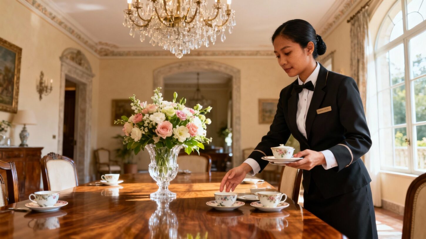 Agenzia per personale domestico Pavia - Filippina in uniforme elegante che serve il tè in sala da pranzo di lusso