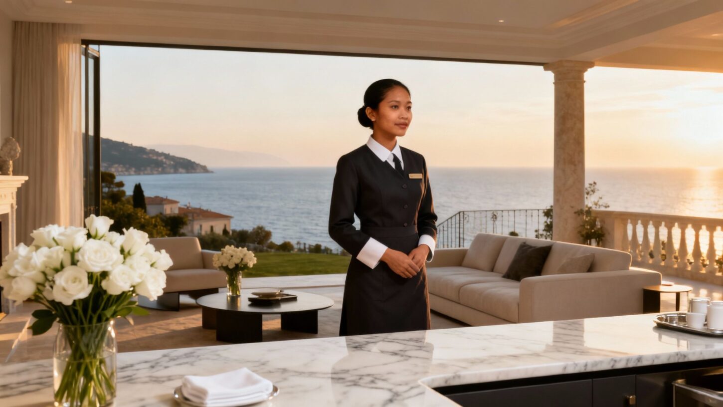 Agenzia per personale domestico Savona - Domestico filippino uniforme elegante villa luxury vista mare