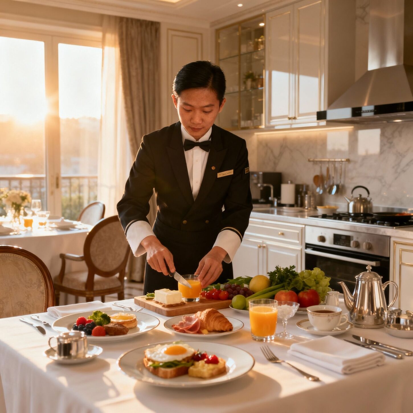 Agenzia per personale domestico Varese - Staff asiatico prepara colazione gourmet in ambiente luxury