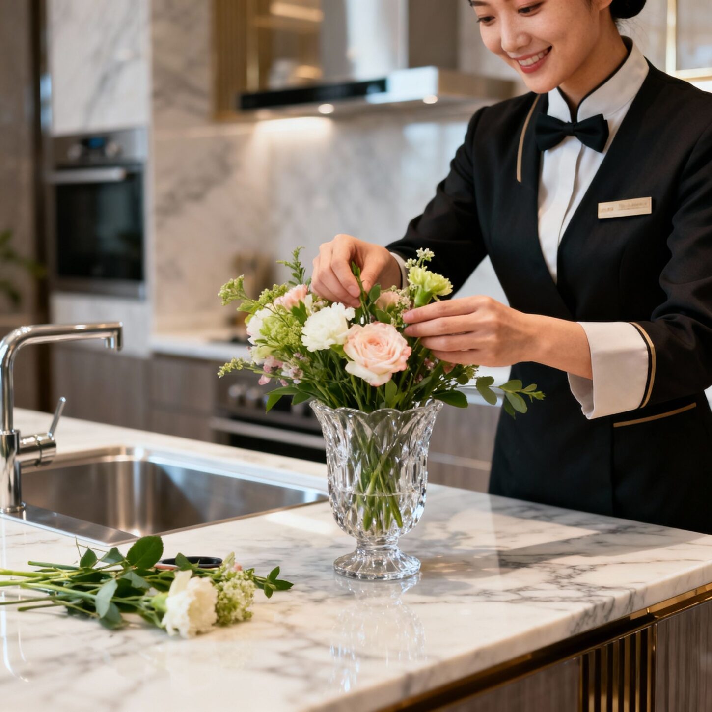 Cerco coppia custodi Referenziati - Mani professionali di housekeeper asiatico che organizzano fiori freschi in vaso cristallo luxury