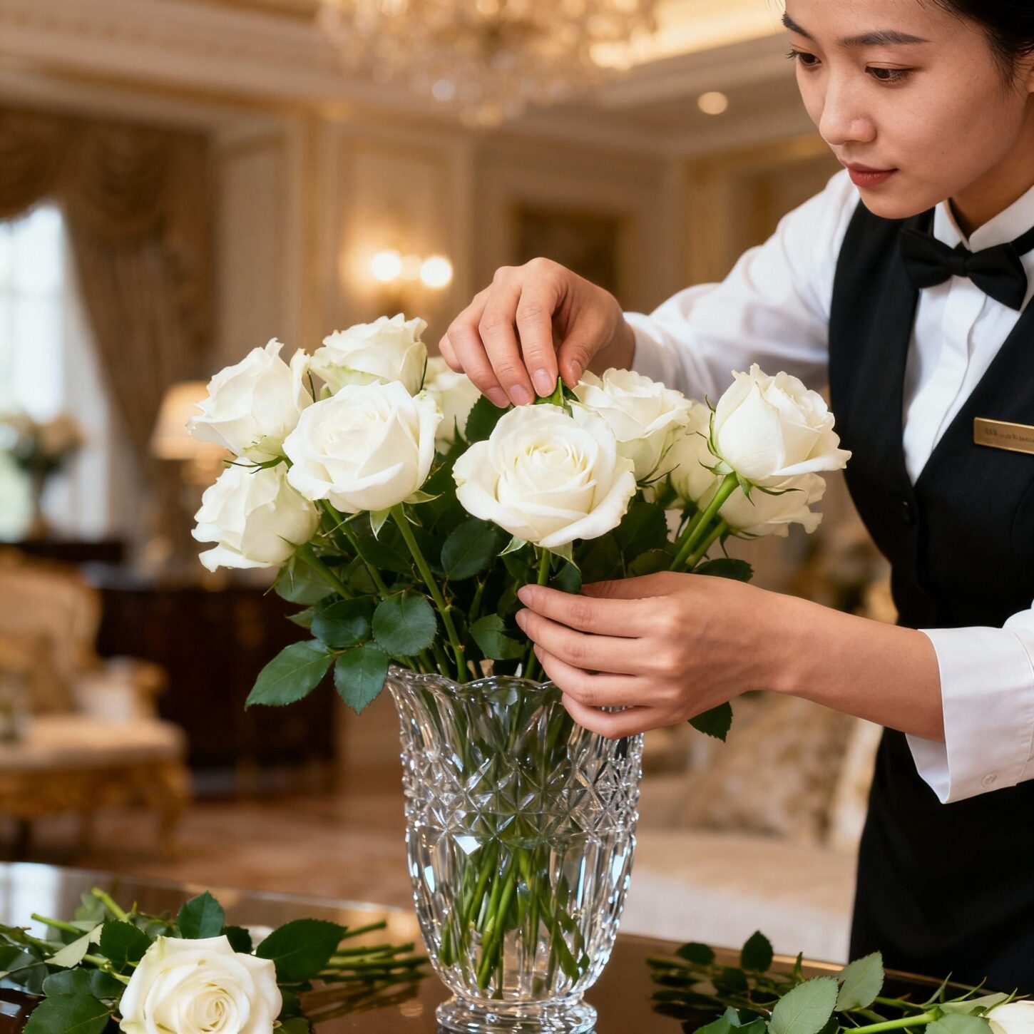 Colf Albignasego - Dettaglio mani housekeeper asiatico che sistema fiori freschi con cura professionale