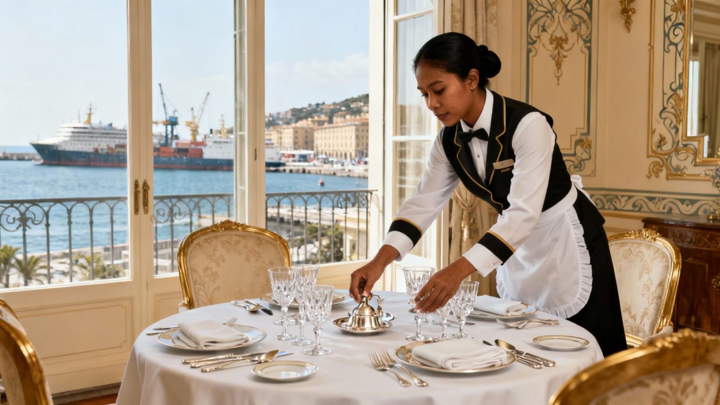 Colf Genova - domestica asiatica professionale in sala da pranzo di lusso vista porto