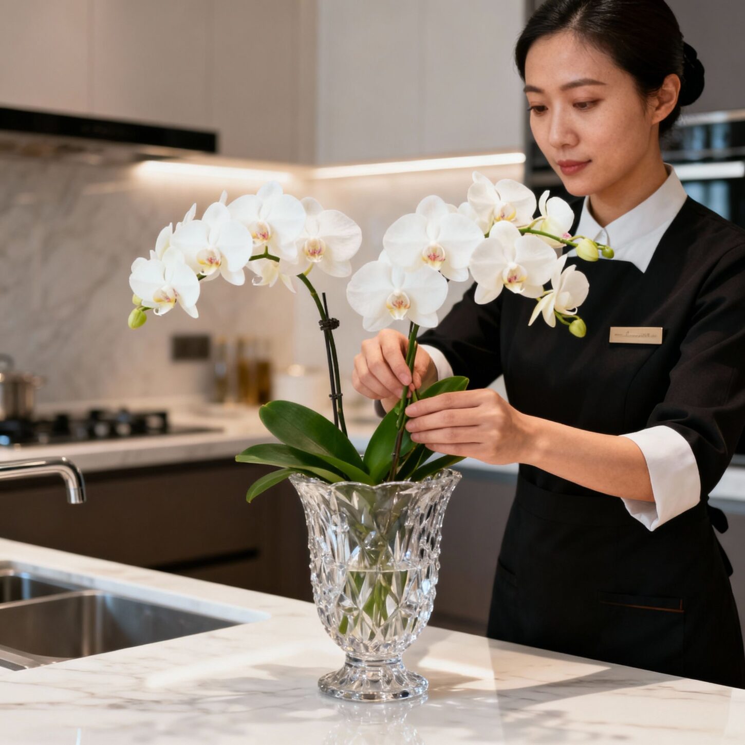 Coppia Domestici Arese - Dettaglio mani housekeeper con fiori luxury