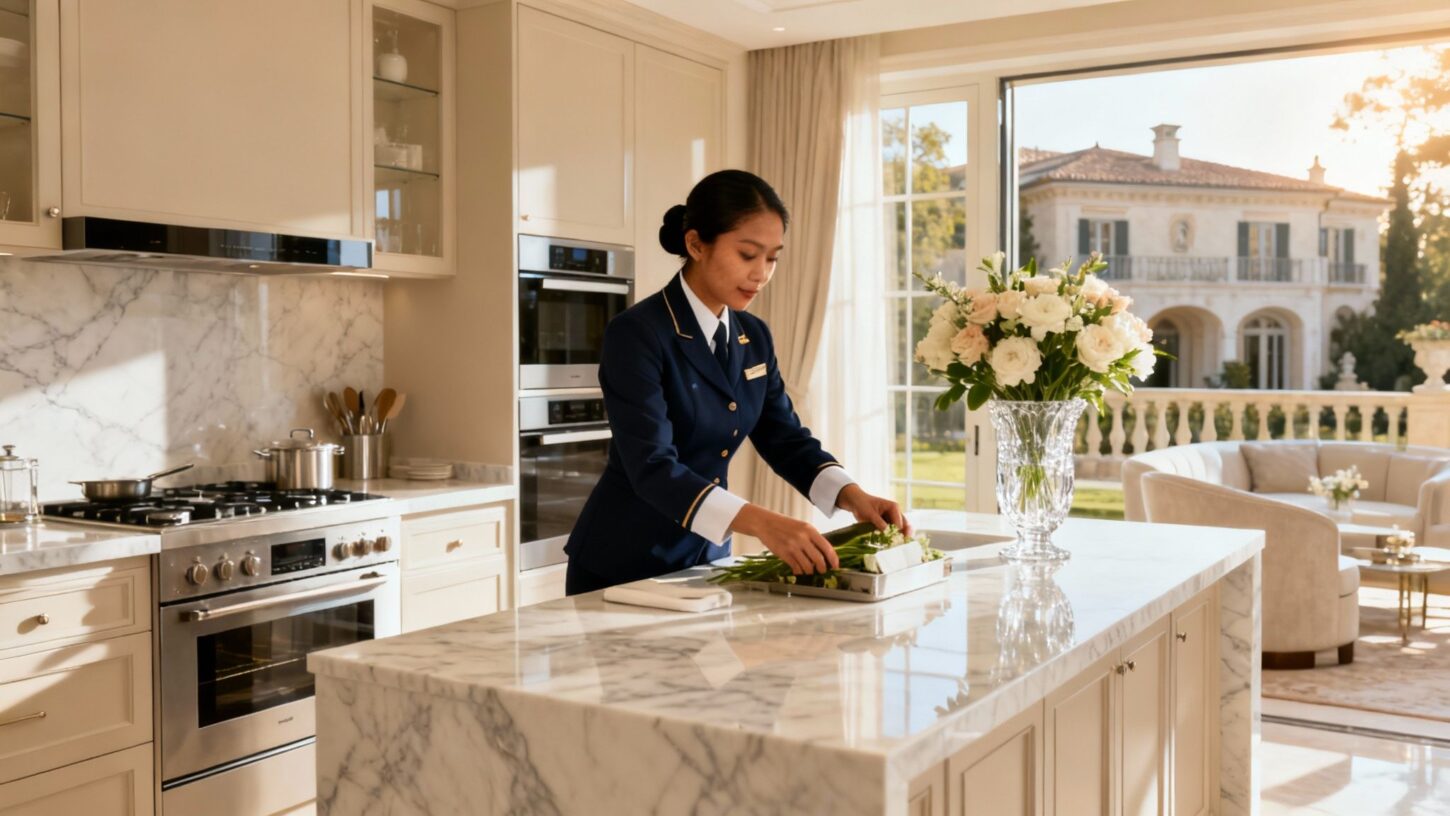 Coppia Sri Lanka Pavia - Personale domestico asiatico professionale in cucina luxury italiana con uniformi eleganti