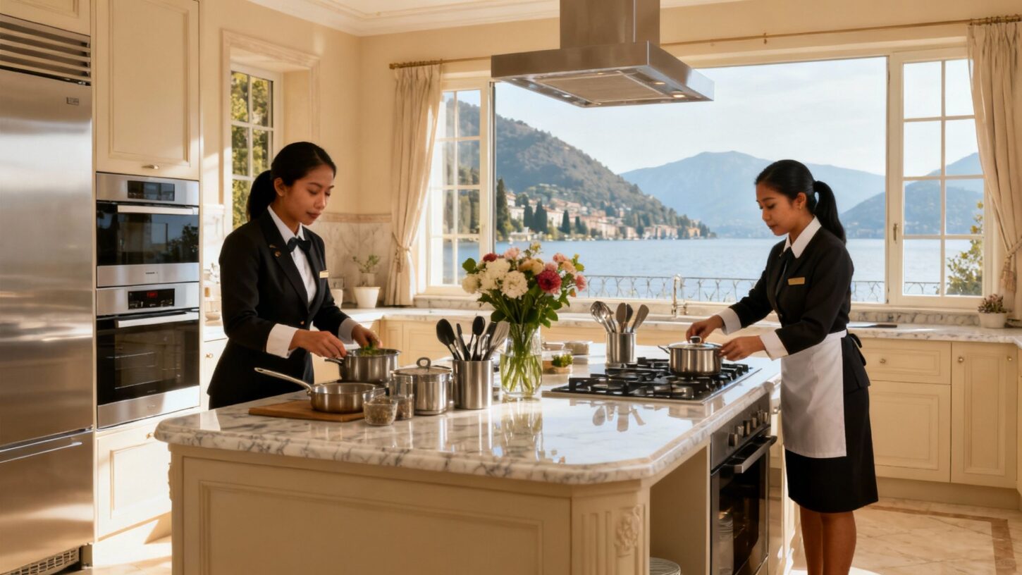 Coppia custodi filippini Lago Maggiore - Domestic workers organizing luxury Italian kitchen with lake view