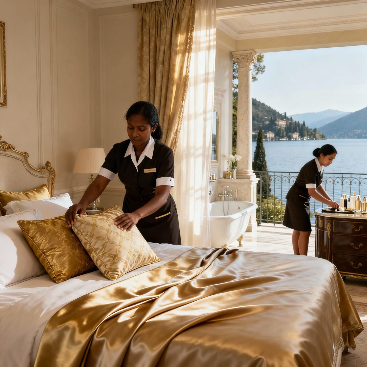 Coppia custodi filippini Lago Maggiore - Housekeepers maintaining luxury bedroom with designer details