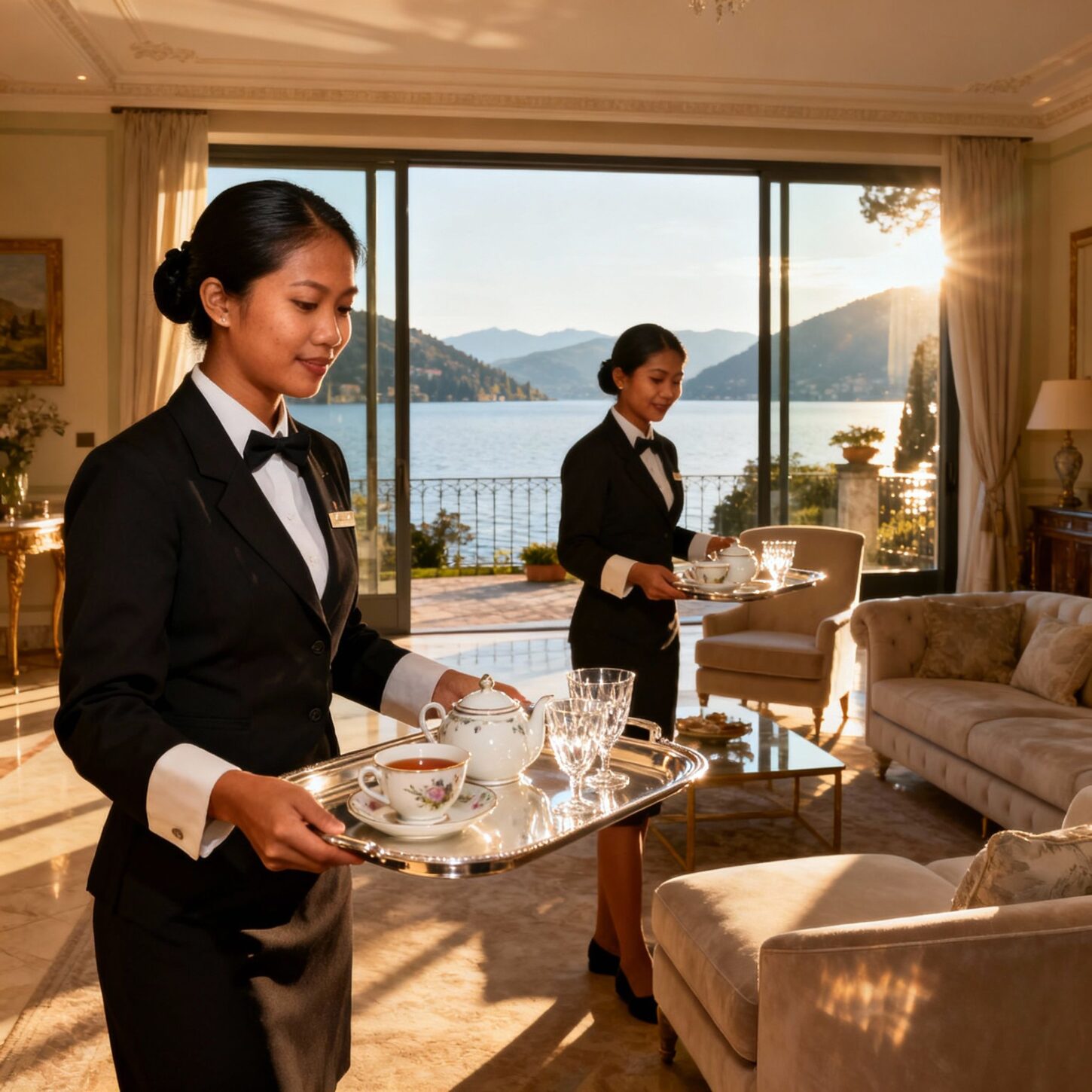 Coppia custodi filippini Lago Maggiore - Asian staff serving luxury afternoon tea with lake views
