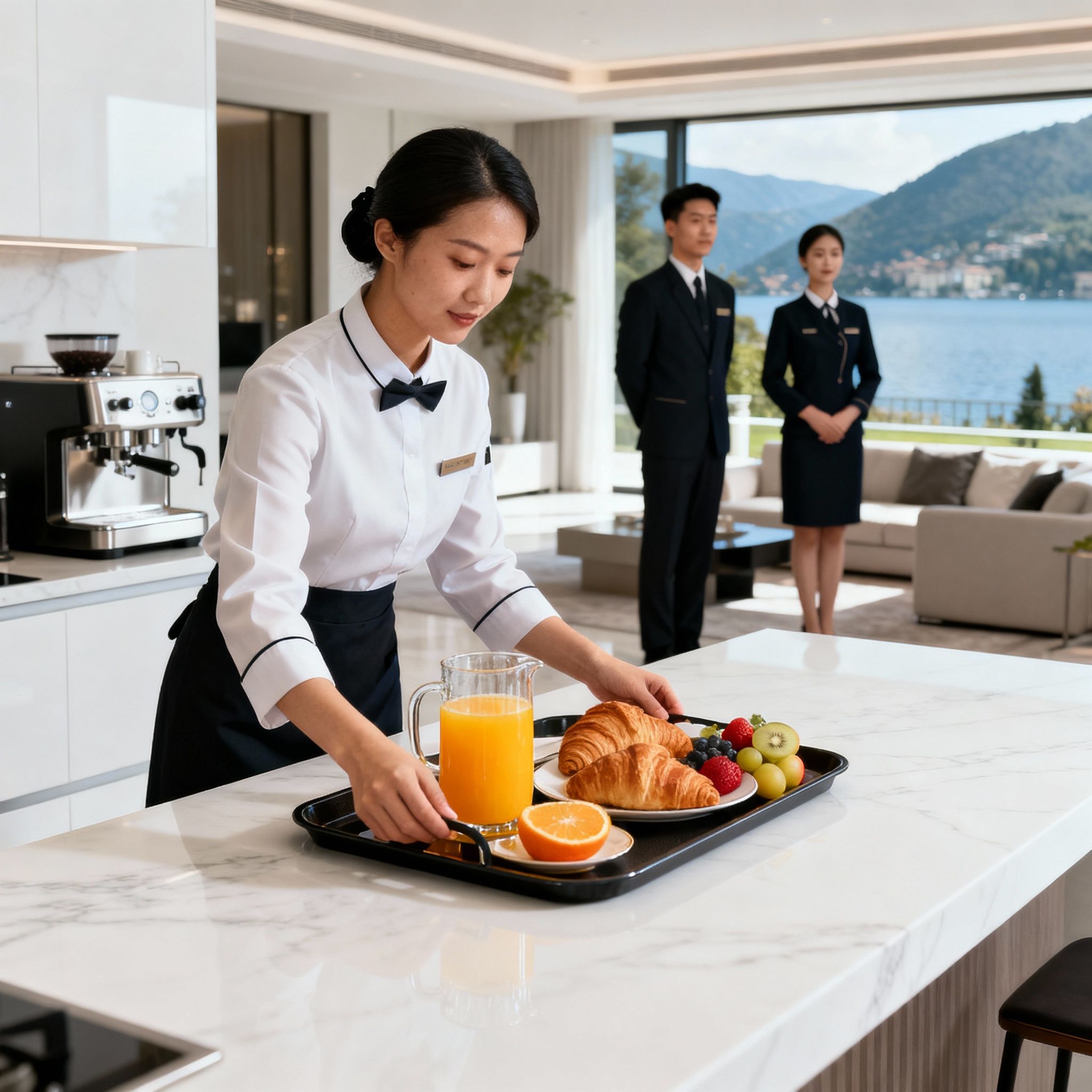 Servizio colazione gourmet da una governante asiatica. Coppia domestici Bellagio per uno stile di vita esclusivo.