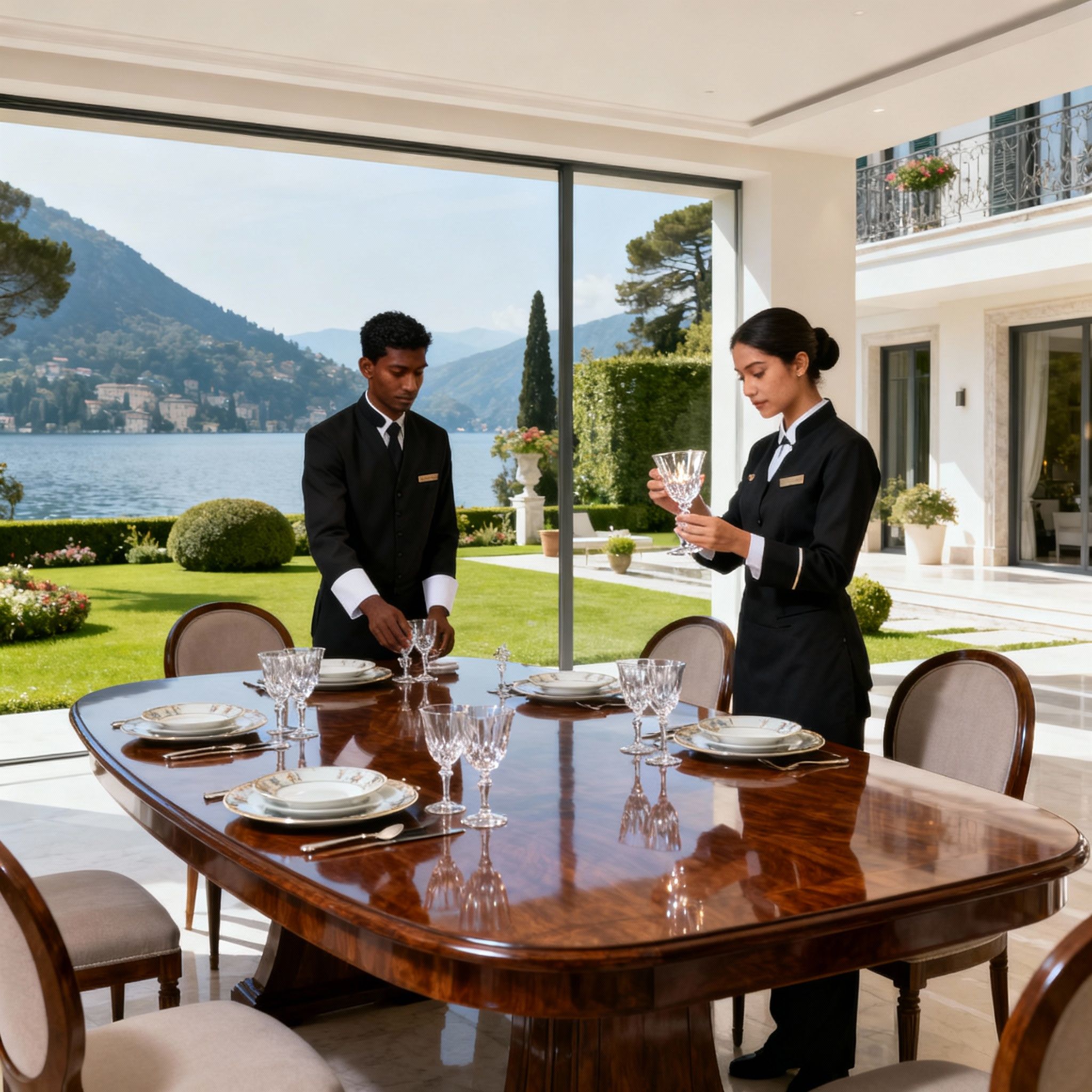 Coppia domestici Bellagio di origine Sri-Lankese prepara una tavola elegante in una sala da pranzo di lusso. Servizio impeccabile.