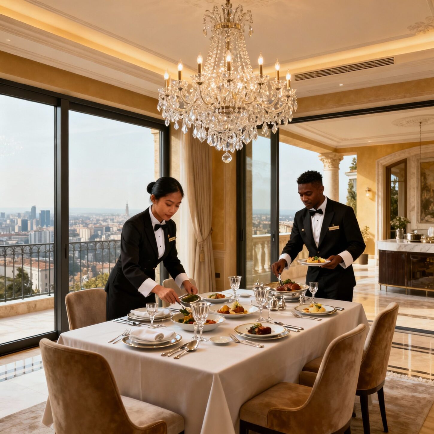 Coppia domestici full-time - Asian domestic couple presenting gourmet dinner in luxury Italian villa dining experience