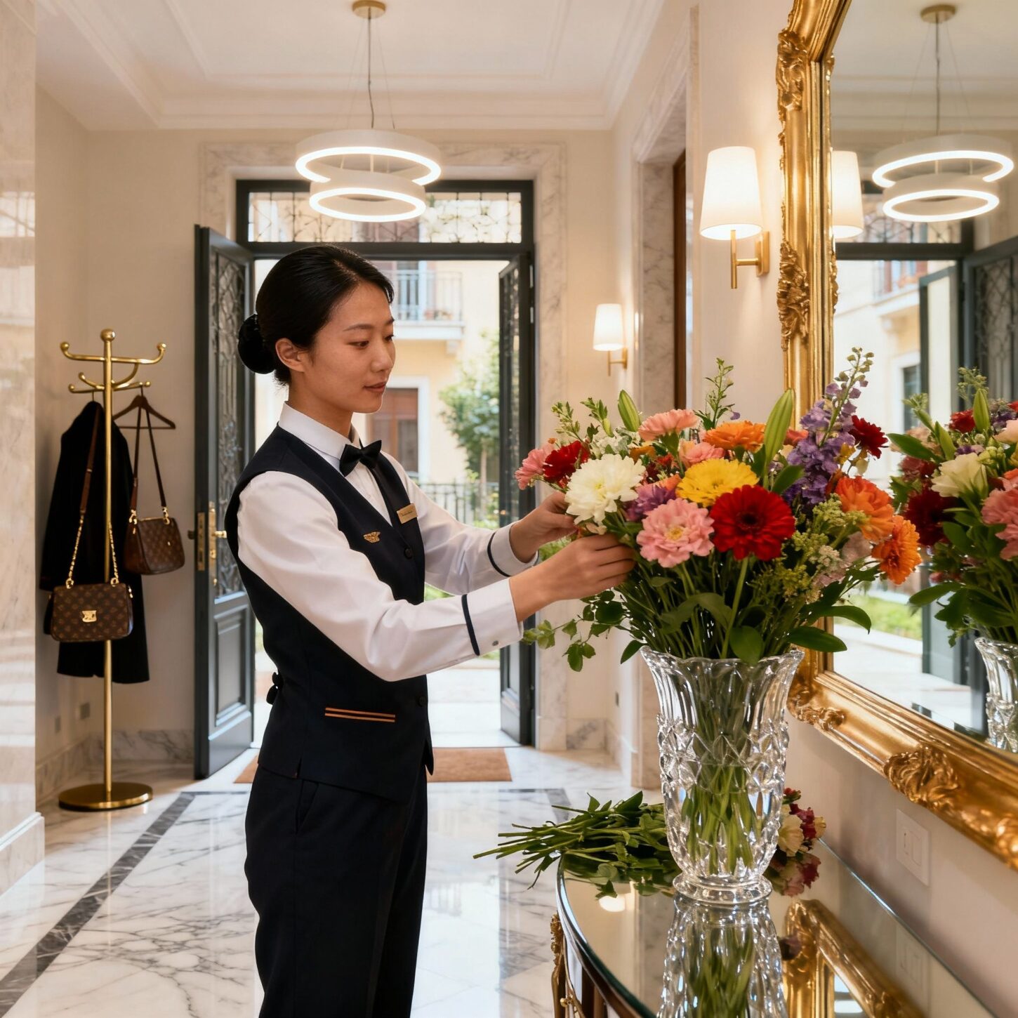 Migliore agenzia colf Lodi - Staff asiatico allestisce ingresso elegante con fiori freschi in appartamento signorile