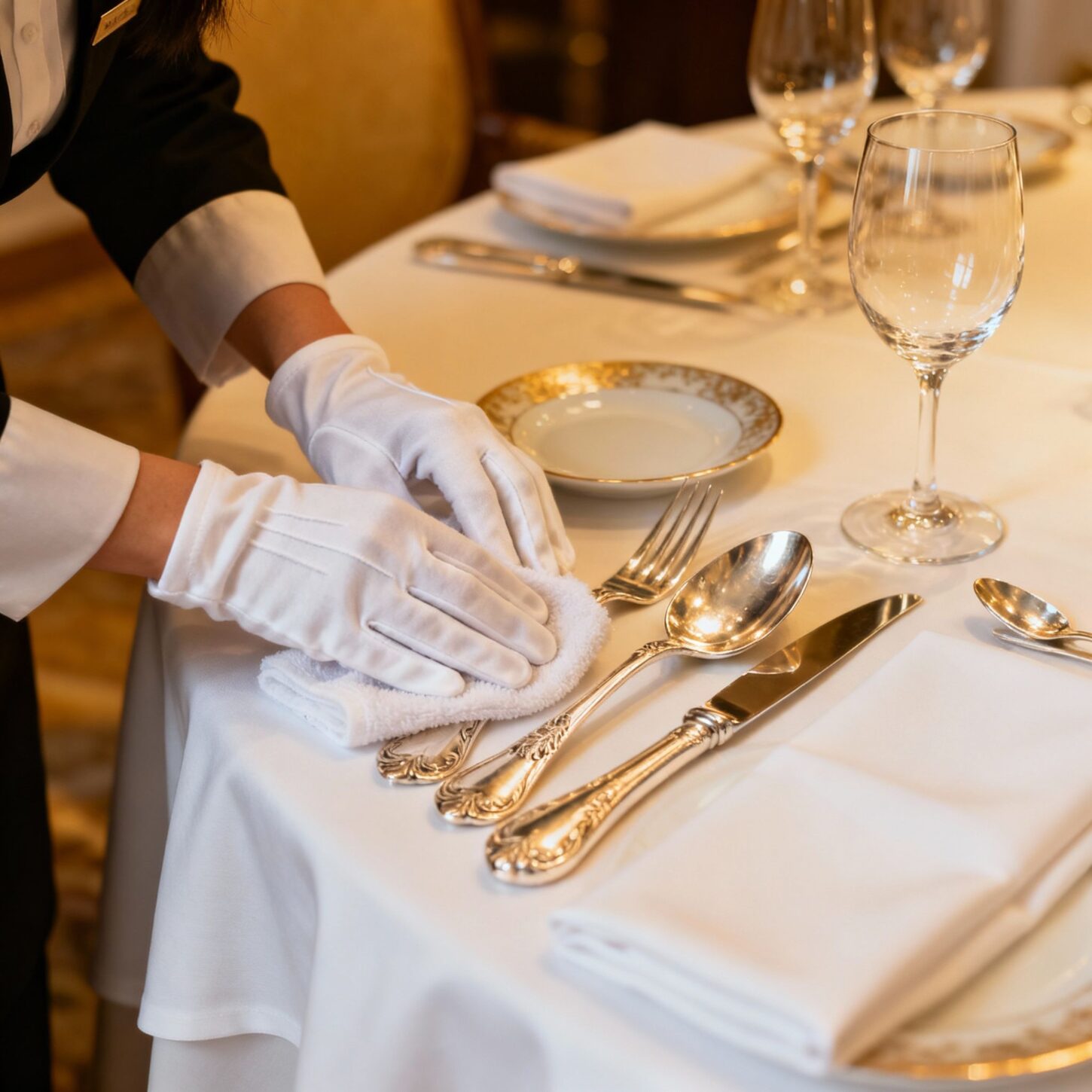 Migliore agenzia colf Lodi - Dettaglio mani esperte lucidano argenteria in ambiente da ristorante stellato