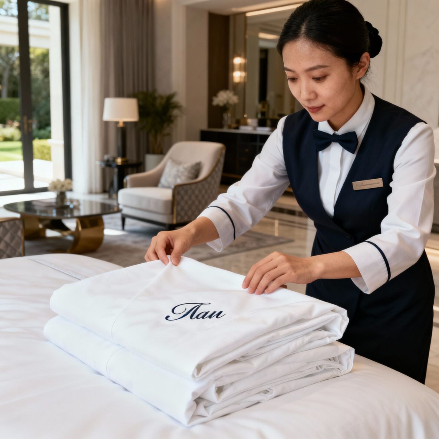 Migliore agenzia colf Montegrotto Terme - Dettaglio mani housekeeper piega biancheria luxury